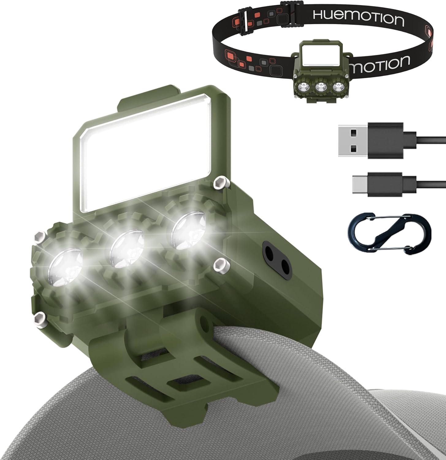 Green Headlamp Rechargeable Type C Headlamps, LED Headlights for Head; Lights for Forehead, Hands Free Flashlight, Lamps with Red Light Mode Camping Hiking, Lightweight, Camping Hanging Light