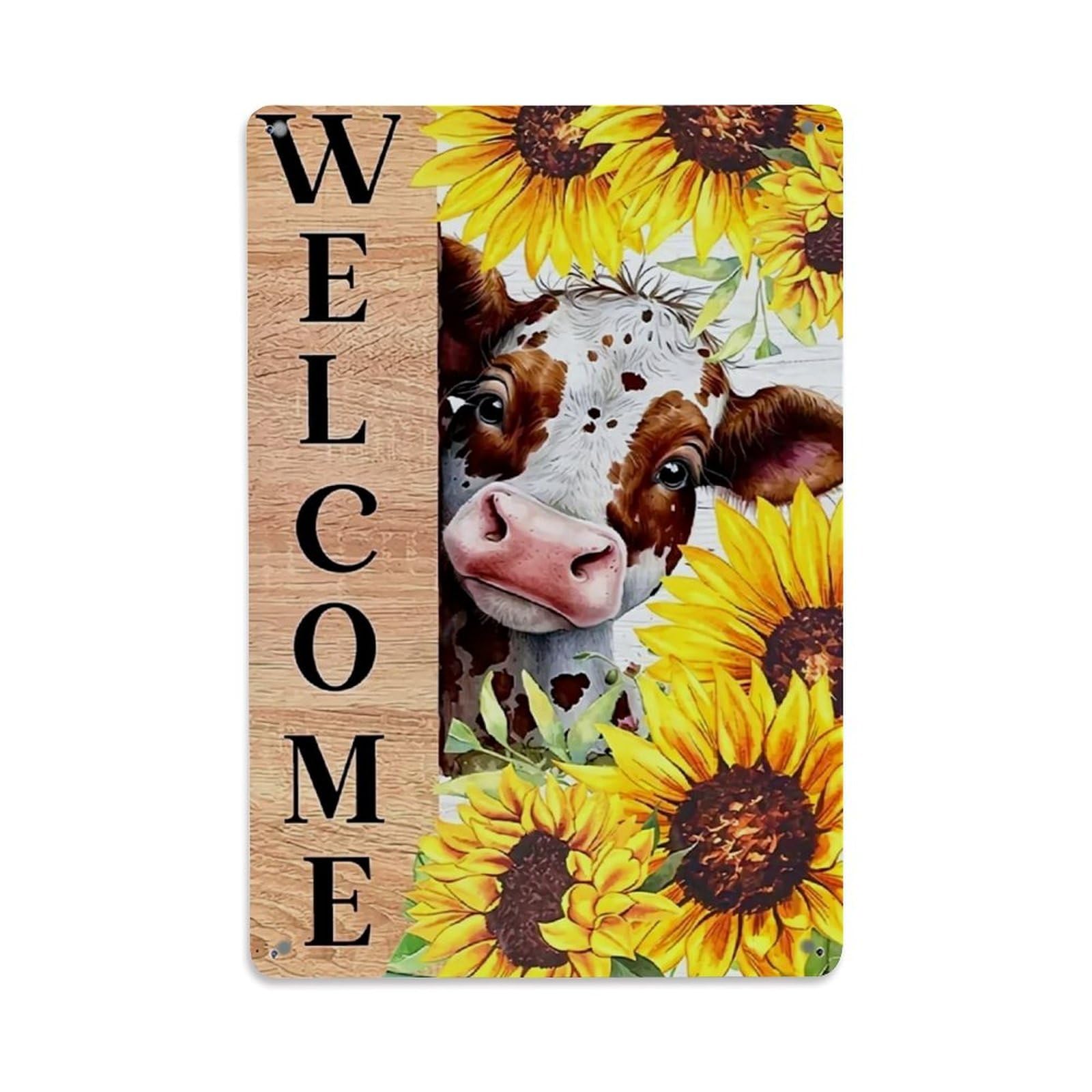 Jdfenggu Vintage Cow Sunflower Welcome Pattern Art Retro Metal Tin Sign, Decor Art Poster For Bar, Home, Man Cave, Kitchen, Laundry Room Gift 8X12inch