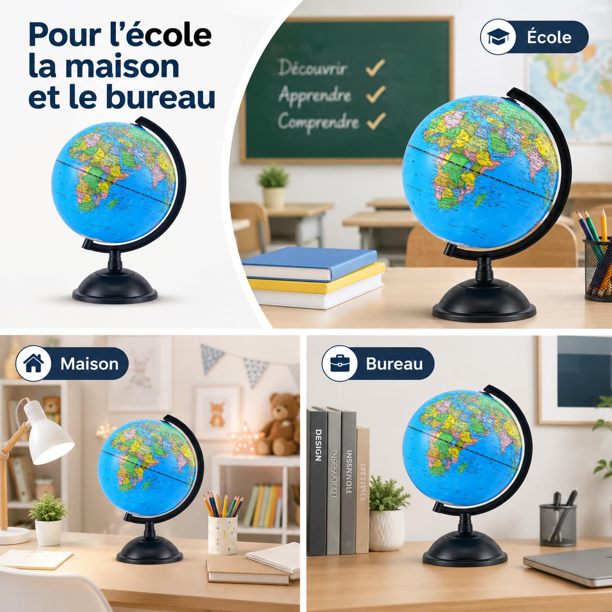 EXERZ Globe Terrestre 20cm Carte Française Pivotant Éducatif | Carte politique lisible avec base stable pour école maison bureau enfants étudiants et apprentissage géographie