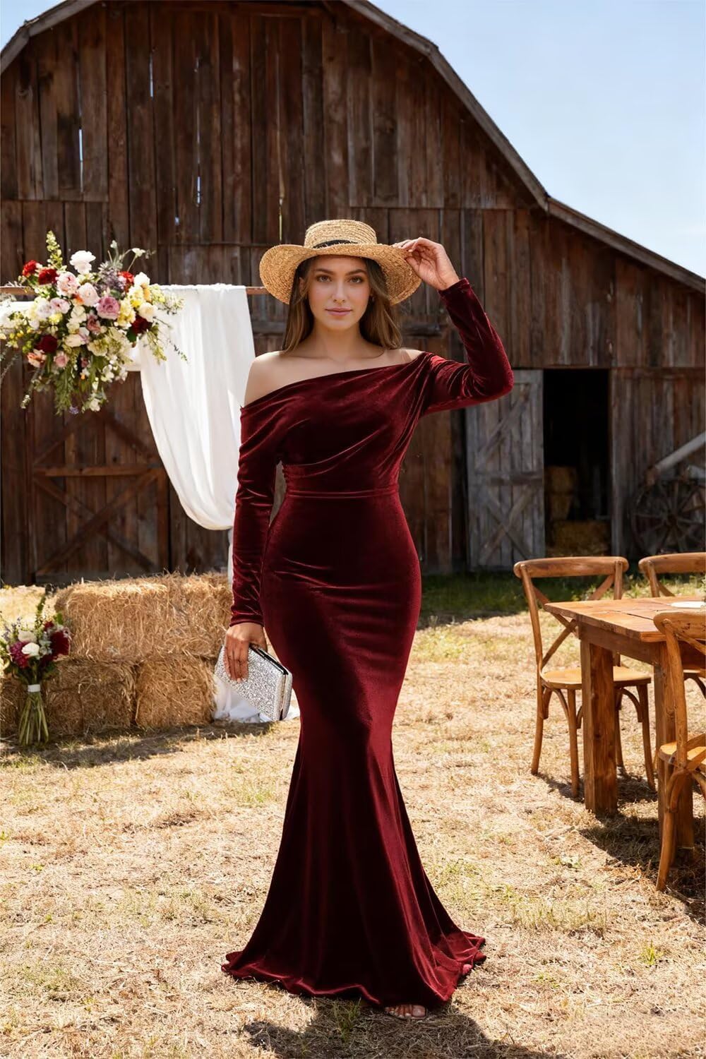 Off The Shoulder Velvet Formal Dresses for Women Long Sleeve Bodycon Maxi Mermaid Party Evening Wedding Guest Dress - Image 3
