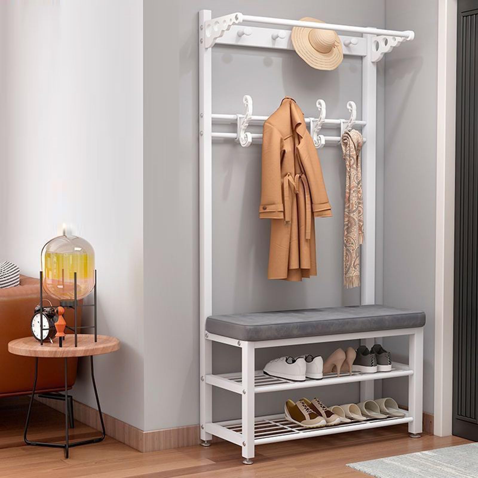 FGXHHS 4-in-1 Entryway Bench with Coat Rack & Shoe Storage, Hall Tree 8 Hooks, Stylish Black for Hallway, Width Adjustable 60-100cm