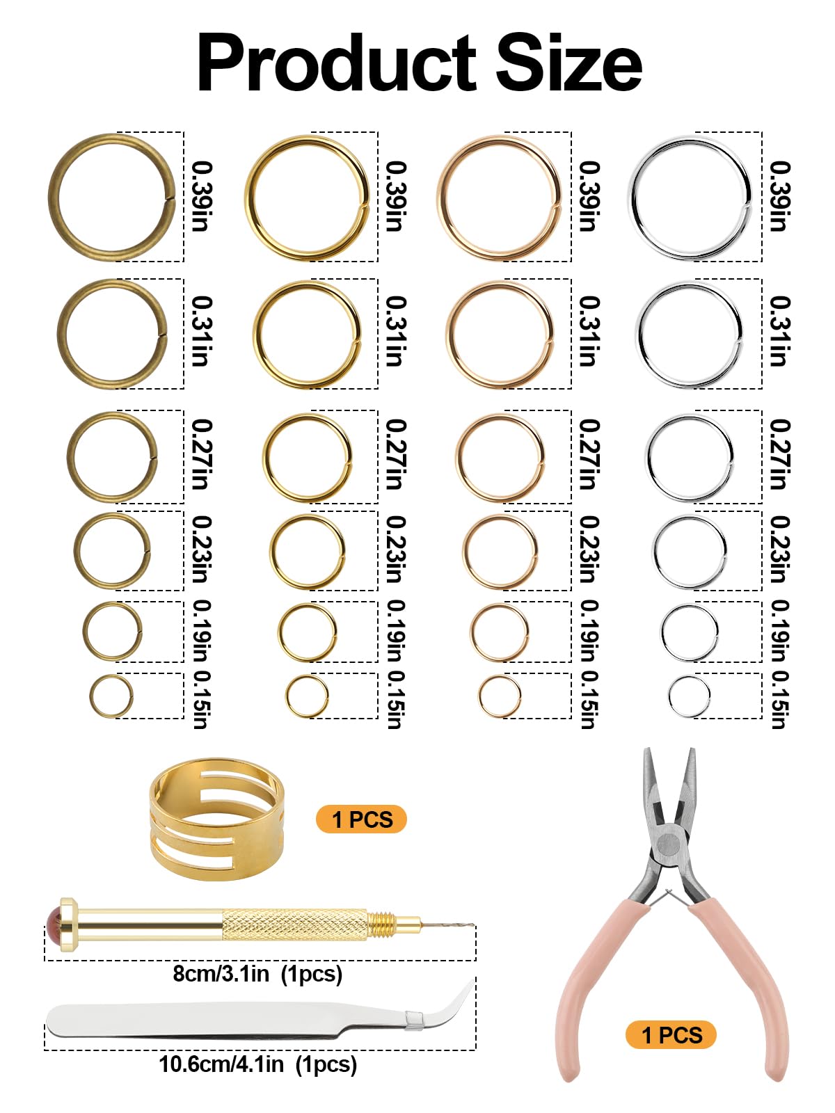 EBANKU 1014Pcs Nail Art Dangle Charms Piercing Tool Hand Drill, 6 tailles Open Jump Rings pour la fabrication de bijoux avec Jump Ring Opener, bagues de bijoux à ongles avec pinces et pinces(4 coule
