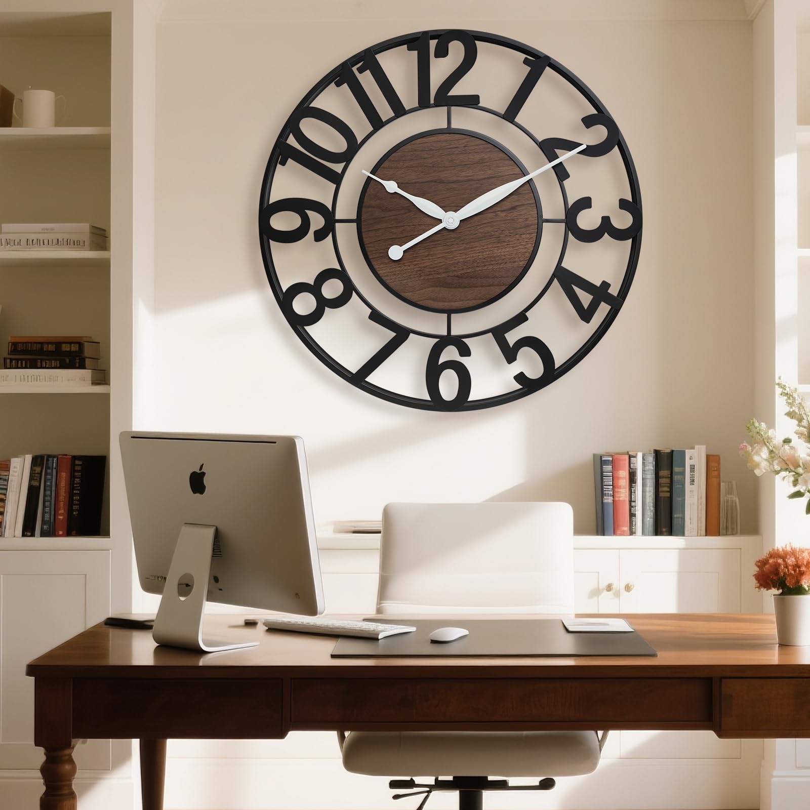 Pytha Sight Duże zegary ścienne do salonu, duże nowoczesne dekoracyjne czarne ponadwymiarowe 75 cm metalowe cyfry arabskie zegar ścienny z elegancką tarczą orzechową do biura, kuchni, kominka | Zegar ścienny w stylu vintage z cyframi arabskimi, nietykając