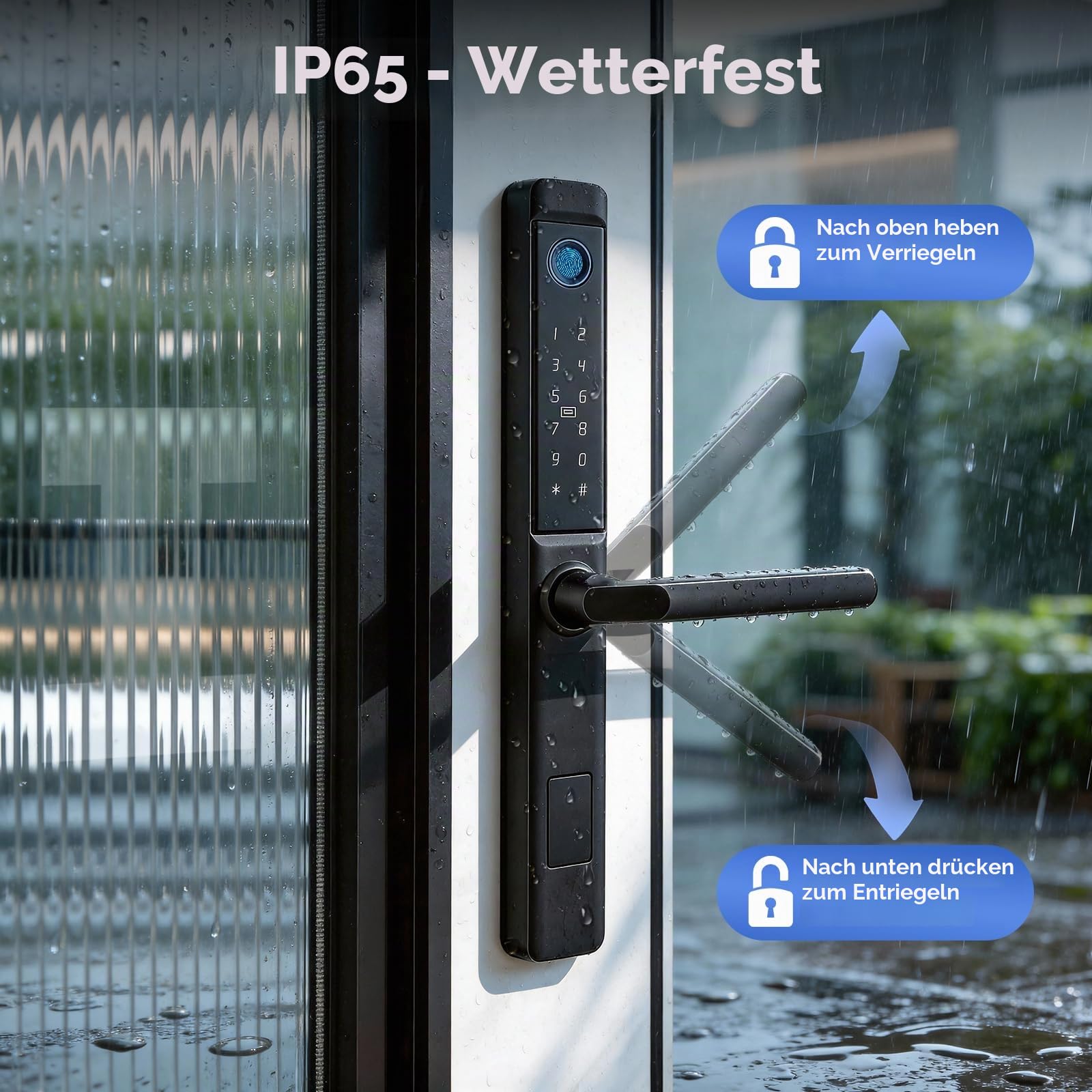 Smart-Türschloss Fingerabdruck-Türschloss, Intelligentes Haustürschloss mit Griff & Touch-Tastatur, Semiconductor-Fingerabdruck, RFID/APP/Code/Fernbedienung, für Aluminium-Holz-Vorhänge