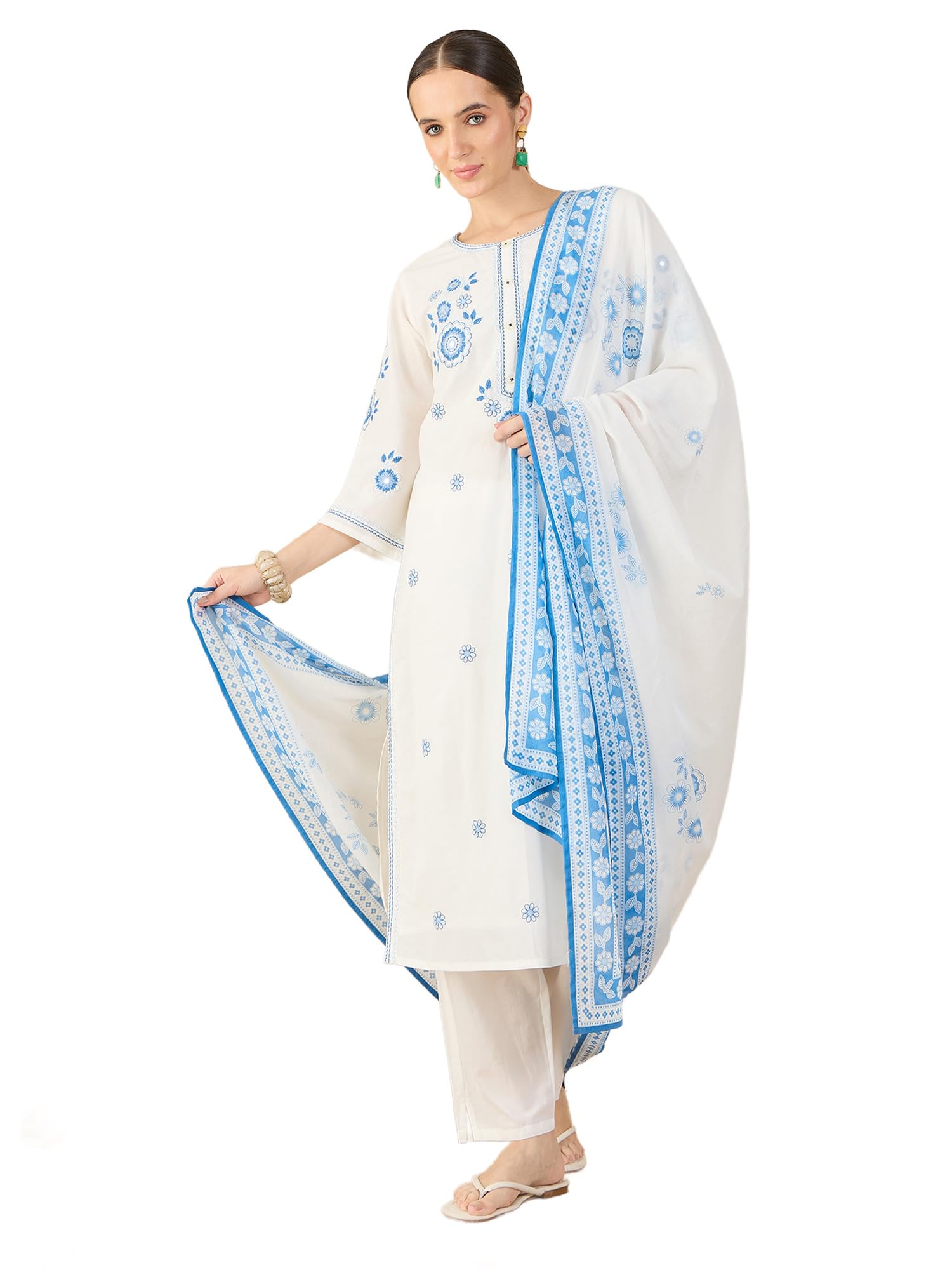 indo era Women's Cotton Blend Printed Straight Kurta & Pant With Dupatta Set (IERAI11070)-picture-30