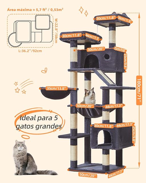 Foto 7 de 8 de Taoqimiao Rascador para Gatos 180cm, Árbol para Gatos Grandes, 8 Postes de Sisal para Arañar, Panel Rascador