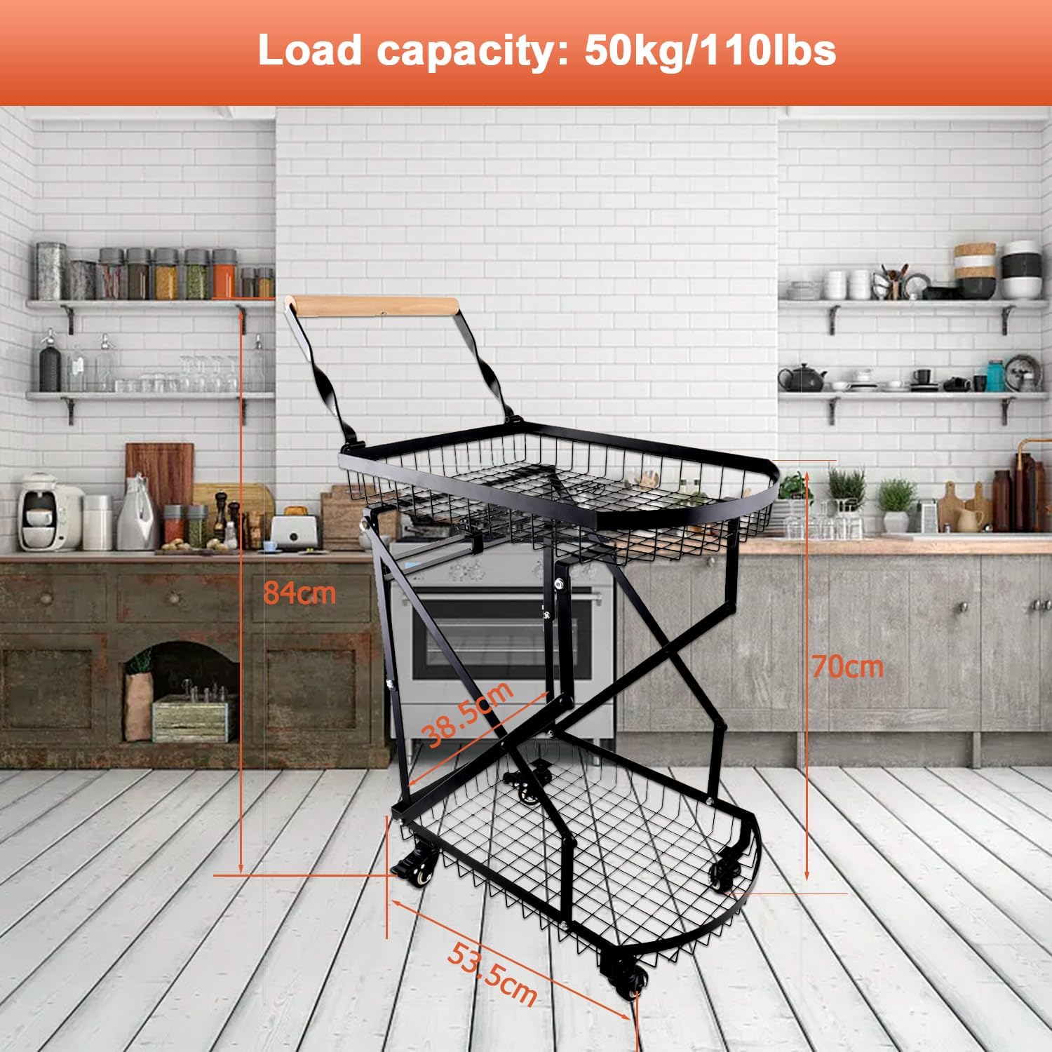 2-Tier Collapsible Utility Cart with Wheels, 110lbs Foldable Grocery Shopping Cart on Wheels,Heavy Duty Multi Function Folding Utility Cart for Camping, Kitchen, Bathroom, Office