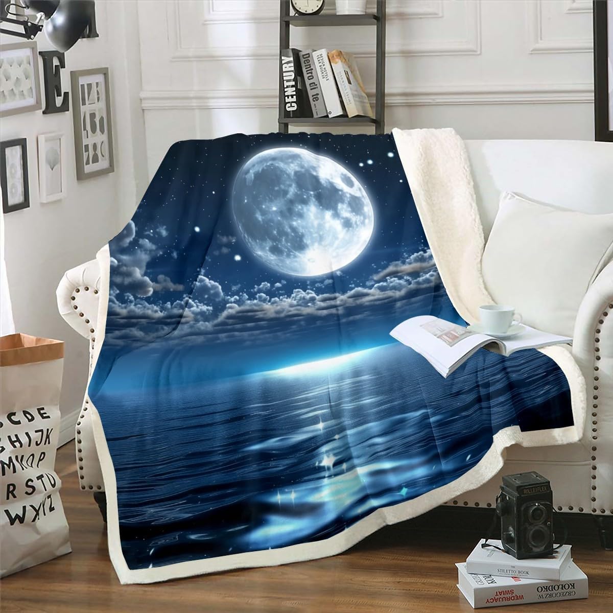 Feelyou Blue Moon Print Sherpa Blanket Ocean Fleece Throw Blanket for Kids Boys Girls Teens Room Decor Sea Plush Blanket Queen 90"x90" Galaxy Fuzzy Blanket