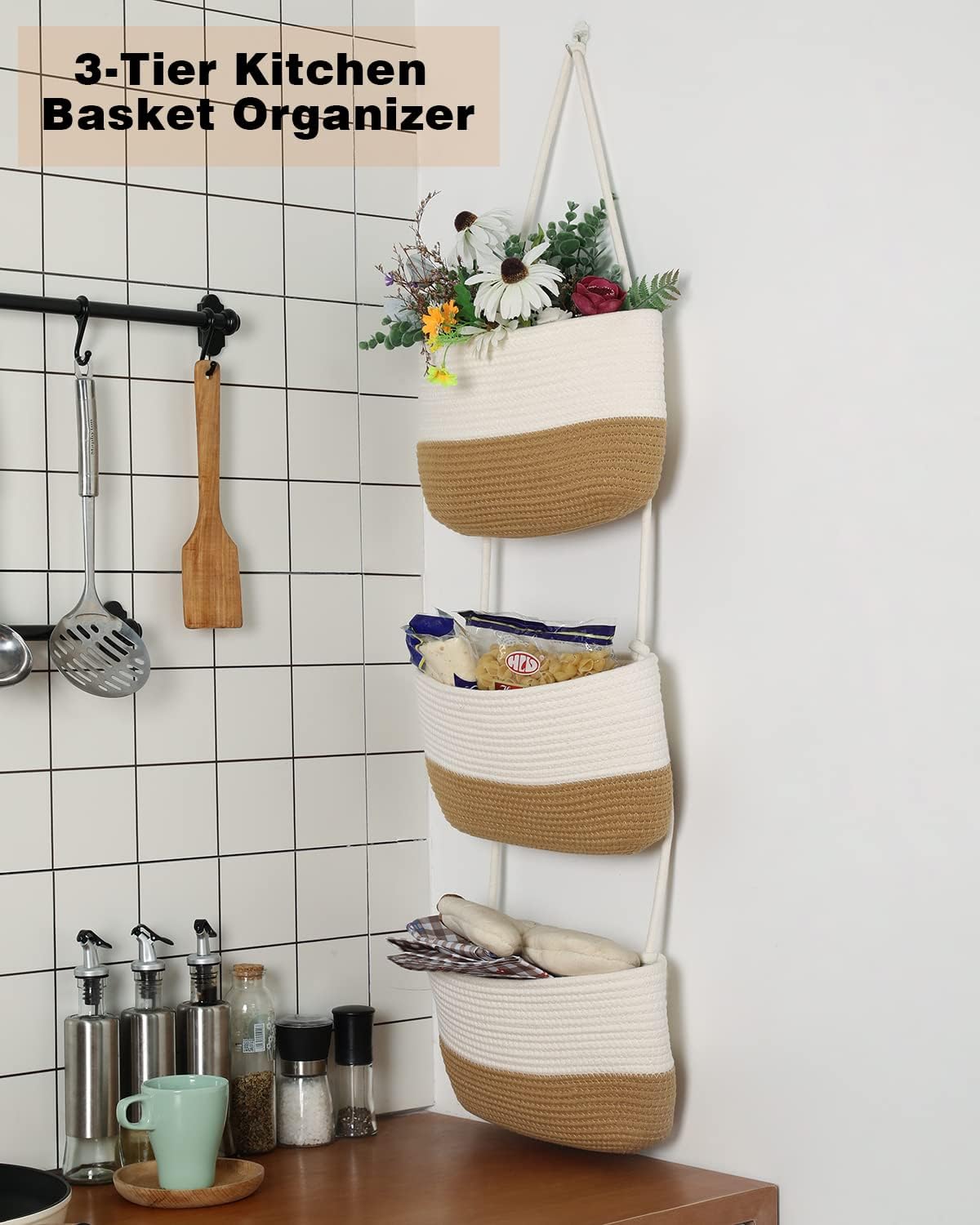 Over the Door Organizer, Honizer Wall Hanging Storage Basket, 3-Tier Cotton Rope Woven Hanging Baskets for Organizing, Nursery, Bedroom, Bathroom, Living Room- Jute&White (3 Hooks included)