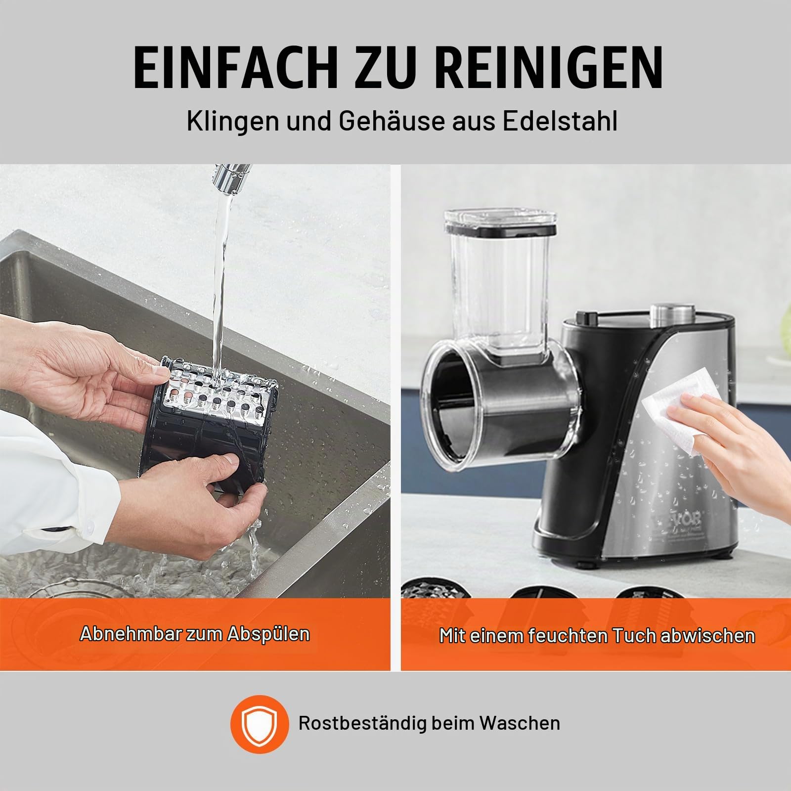 VEVOR Elektrische Käsereibe/Salatzubereiter, 250 W Salatschleuder, Elektrischer Gemüseschneider Gemüsehobel, Zerkleinerer für Obst mit 5 Aufsätzen, Lebensmittelschneider aus Edelstahl & ABS