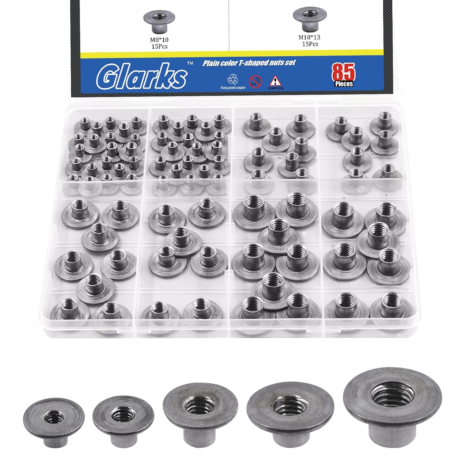 Glarks 85pcs M4 M5 M6 M8 M10 Round Base Weld Tee Nut Kit, Carbon Steel Through Hole Tee Nut, Flange Insert Female Thread T-Nuts for Hardware Fitting Fastener, Wood Furniture, Hardware Accessories
