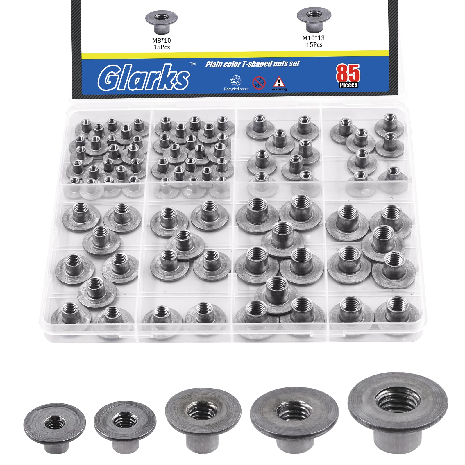 Glarks 85 pièces M4, M6, M8, M10 - Écrous à base ronde - En acier au carbone - Matériel de montage à rainure en T - Fixation à travers le trou - Insert femelle