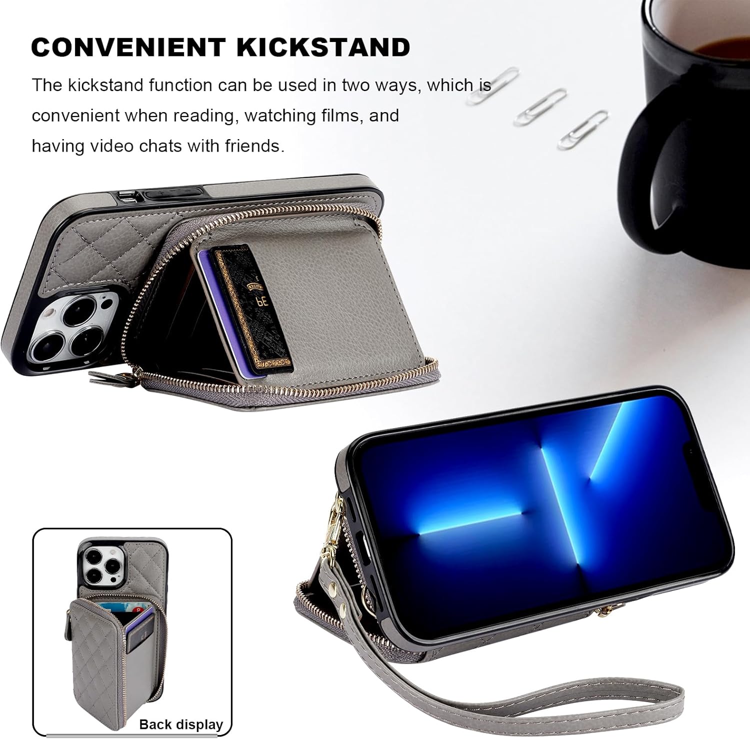 Bocasal Crossbody Wallet Case for iPhone 13 Pro Max, RFID Blocking PU Leather Zipper Handbag Purse Flip Cover, Kickstand Folio Case with Card Slots Holder Wrist Strap Lanyard 5G 6.7 Inch (Grey)