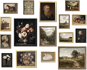 16 PCS Framed Vintage Wall Art Decor, Moody Victorian Gothic Farmhouse Gallery Wall Frame Set Prints for Bedroom Bathroom, Rustic Landscape Posters for Living Room Aesthetic, Home Artwork Collage Kit