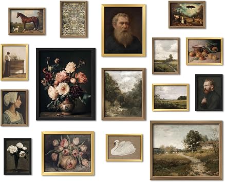 ANERZA 16 PCS Vintage Wall Art Decor, Moody Victorian Gothic Dark Academia Farmhouse Gallery Wall Collage Kit Prints for Bedroom Bathroom, Rustic Landscape Posters for Living Room, Dorm Home Artwork