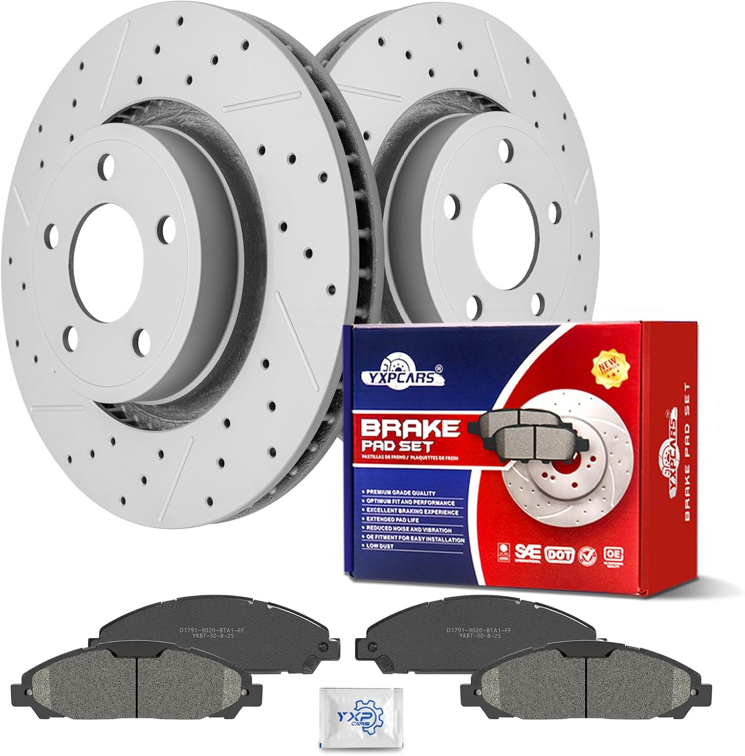Ceramic Front Brakes Pad and Rotors Drilled Slotted Vented Replacement Disc Brake Kits for Ford Mustang 2015-2023 Ecoboost, Ecoboost Premium; Except Performance Package w/Dual Piston Front Calipers