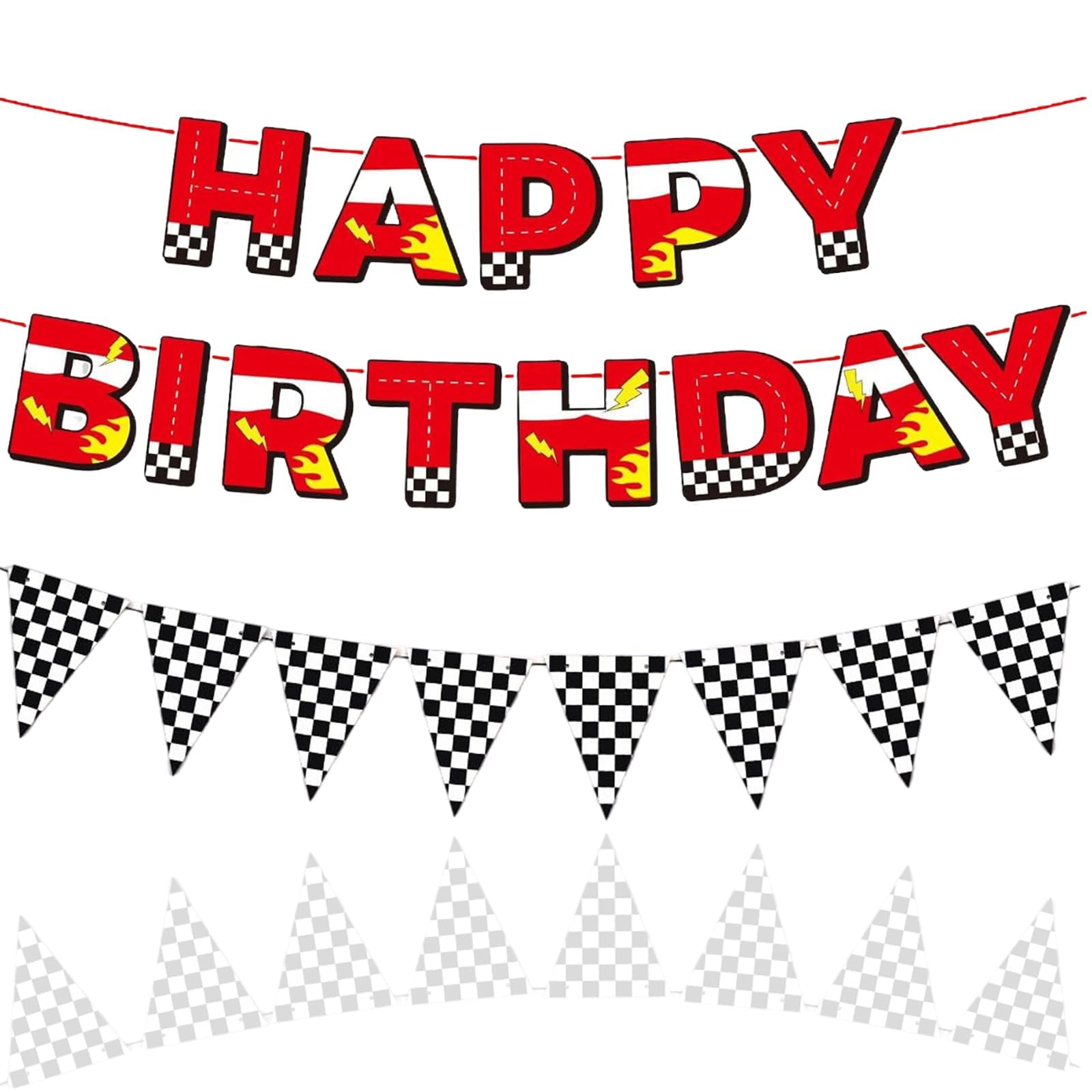 3 Pcs Cars Birthday Decorations, Happy Birthday Banner Decorations Pre-Strung Cars Themed Backdrop with Checkered Flag for Boys Girls' Racing Parties Wall Decor Party Supplies Room