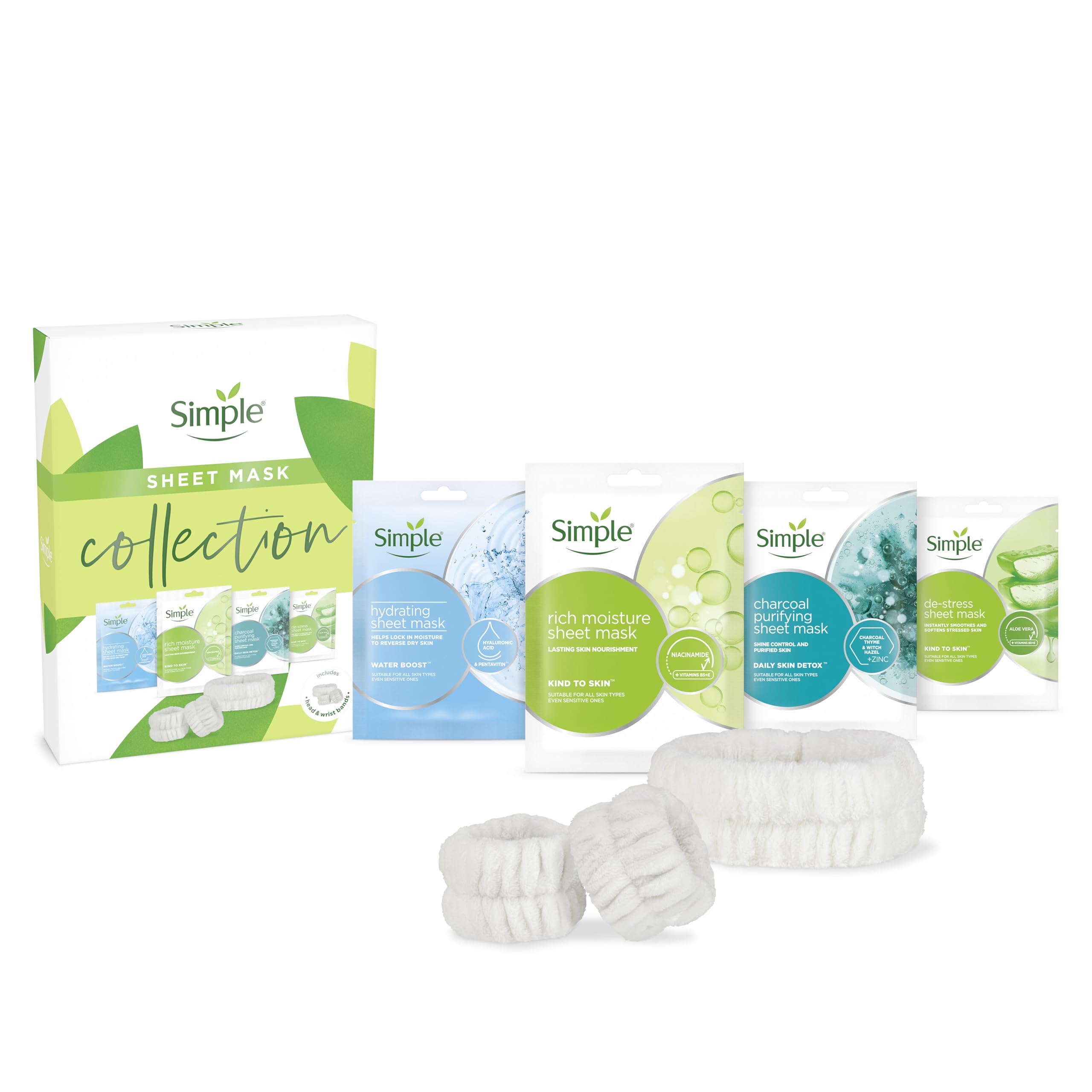 Simple Sheet Mask Collection 4 piece Moisturising Gift Set with a Headband & Wristband