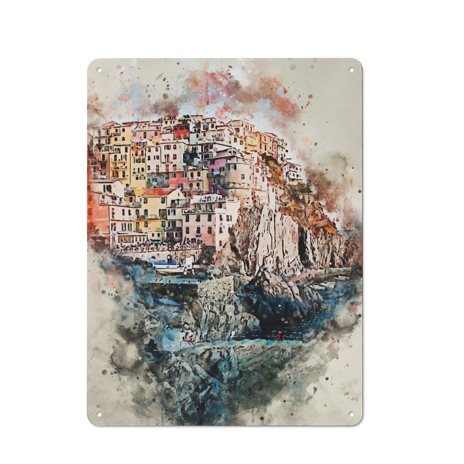 Junmoney Cinque Terre In Manarola Metal Sign 40X30cm With For Pub Or Café, Retro Decor, Suited To Café Interior Fans