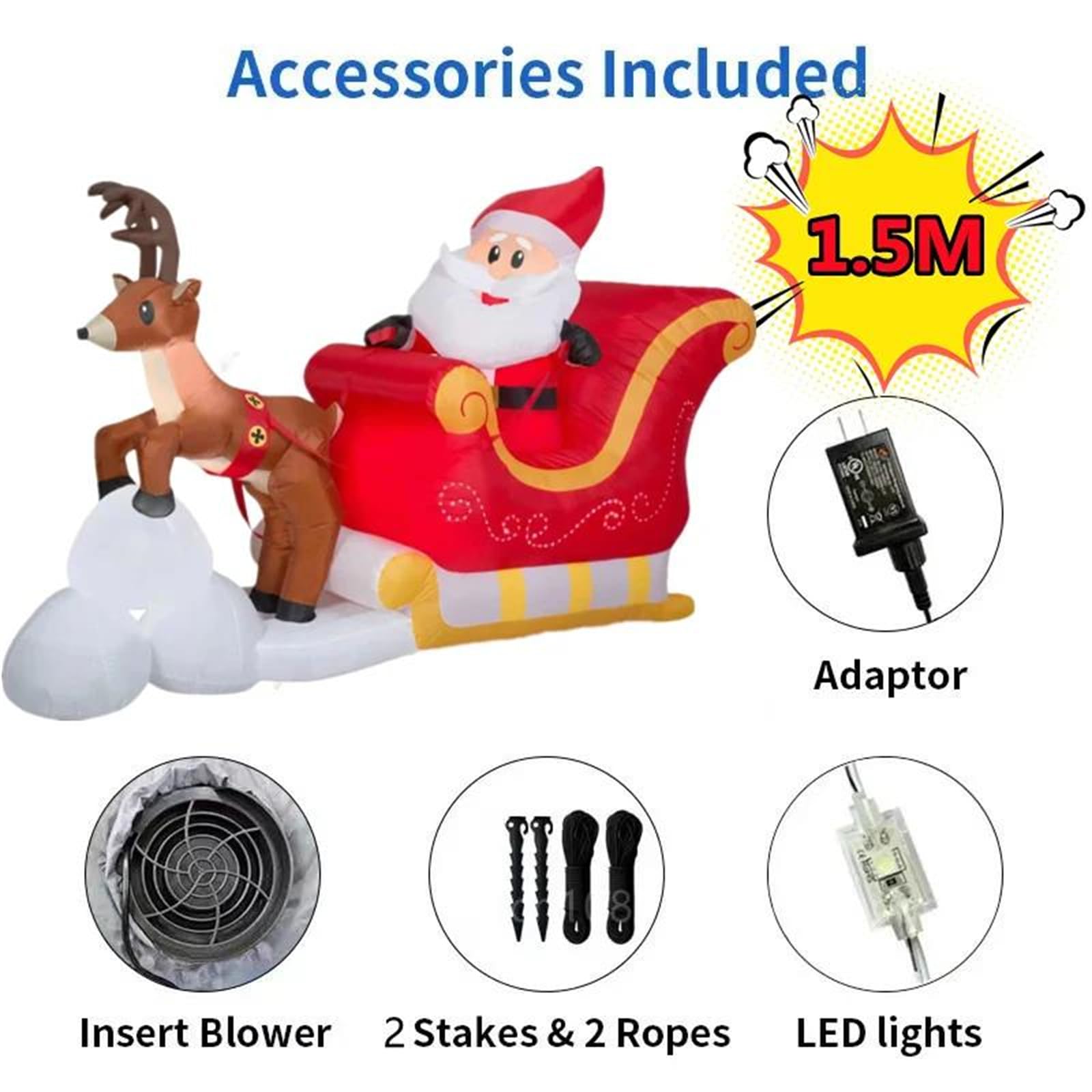 Décorations gonflables de noël 1,5 m père noël en traîneau avec Renne intégré LED pour intérieur et extérieur décoration Amusante Jardin fête de Vacances
