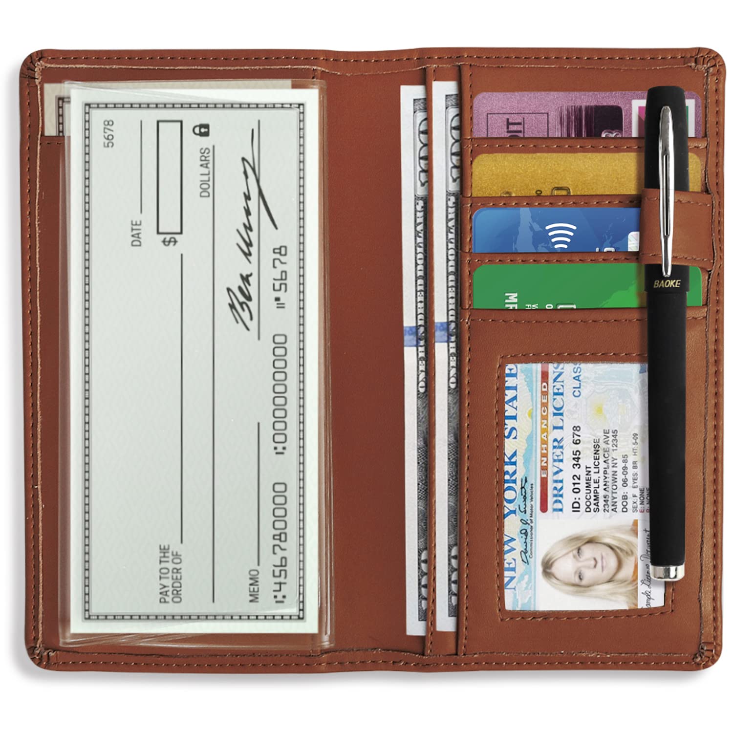 Sanlykate Couverture de chéquier en cuir pour homme et femme, blocage RFID, porte-cartes avec séparateur gratuit, chèques standard avec inserts pour stylo, peau, One Size, Style portefeuille