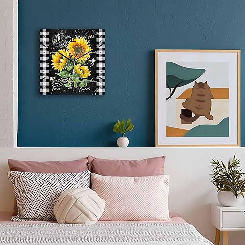 Miniatura 3 de Reloj de pared de madera con diseño de girasoles y abeja, silencioso, sin tictac, flores rústicas a cuadros en blanco y negro, funciona con pilas,