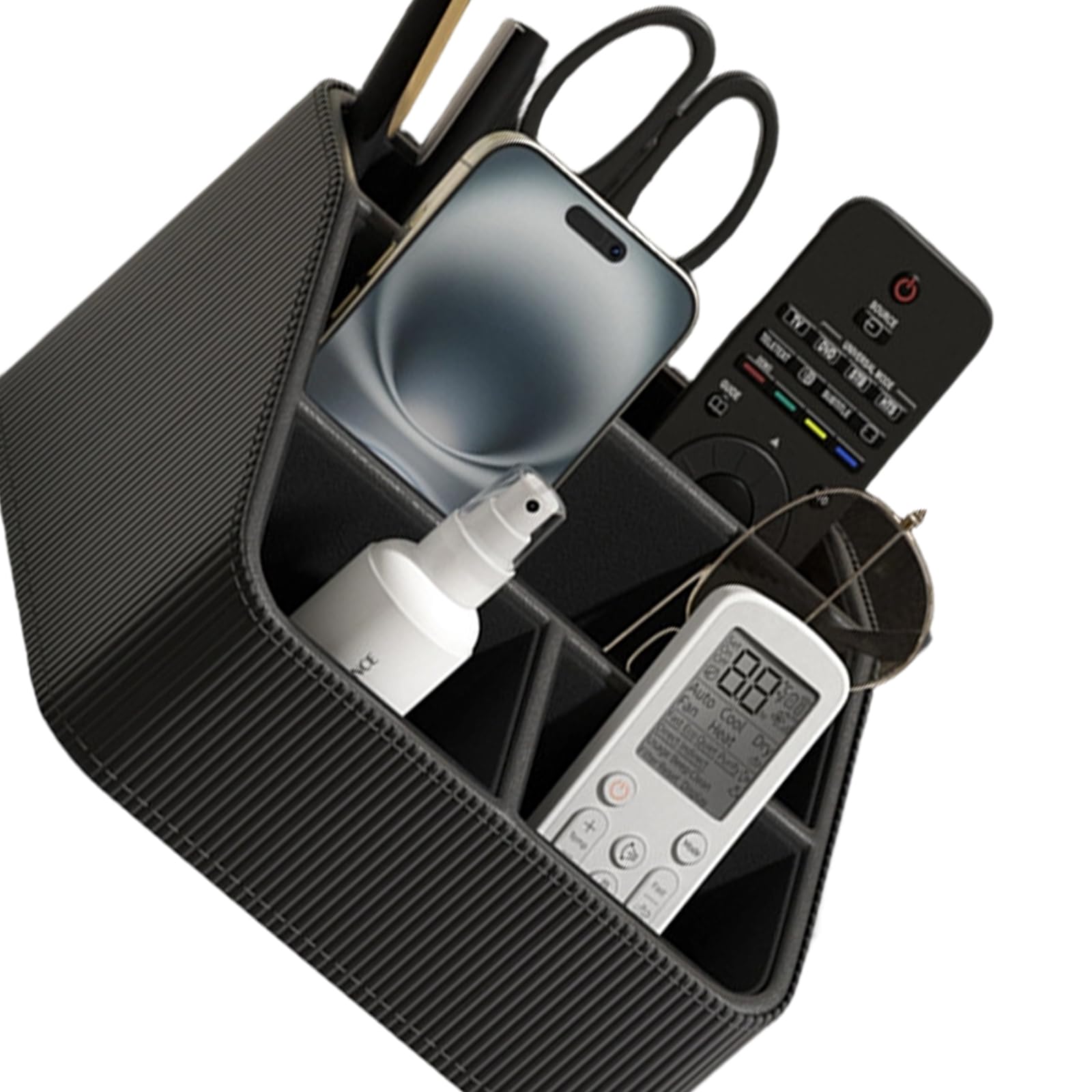 Compact Desktop Storage Box for Remote Controls Pens Notebooks Glasses and Accessories Space Saving Design Stylish PU Leather Remote Holder and Desk Organizers with Multiple Slots for Remotes Pens