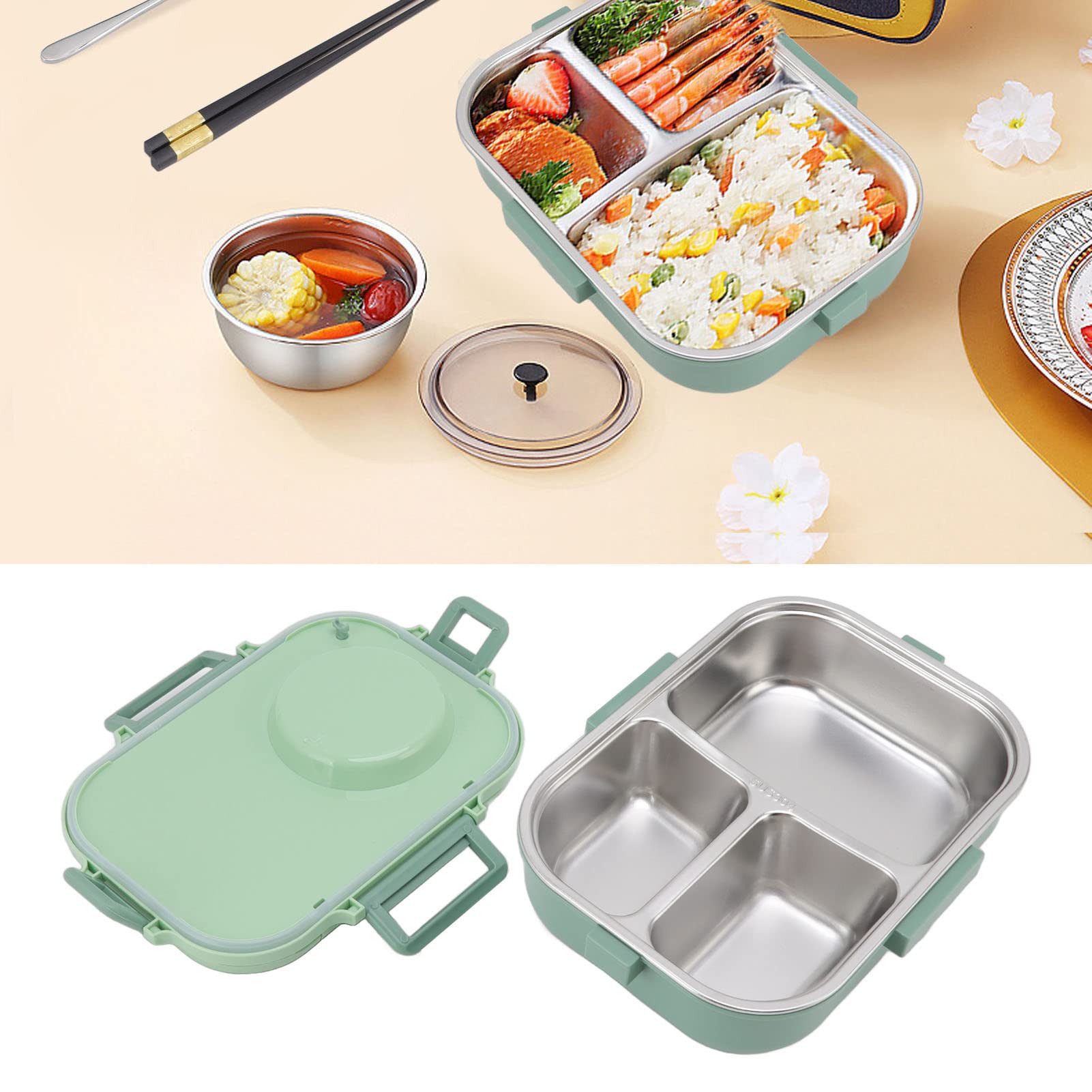 Fiambrera Bento, 1100ml Diseño de 3 Rejillas de Doble Capa, Fiambrera Térmica de Acero Inoxidable 304 con Palillos Cuchara Tazón de Sopa, Recipiente de Comida para Niños Estudiantes Adultos(Verde)