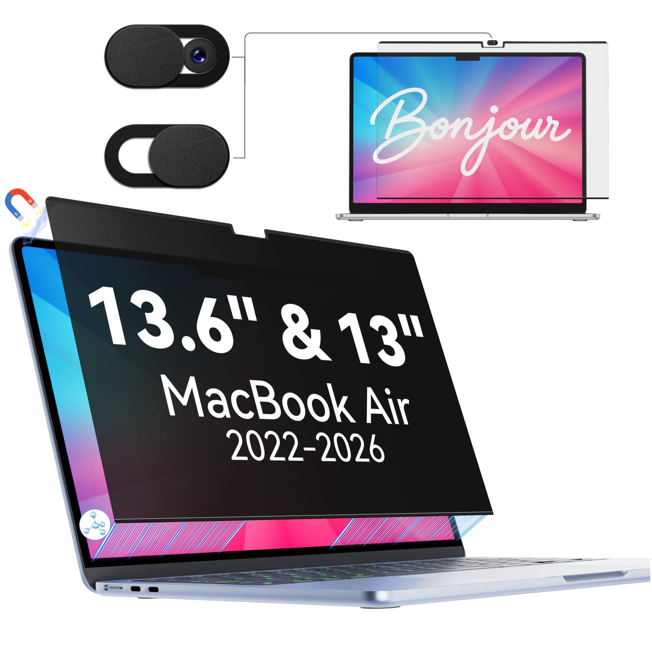 Magnétique Filtre Confidentialité Protection Écran pour Macbook Air 13,6/13 Pouces (2022-2026, M2, M3, M4, M5), Amovible Anti Espion Lumière Bleue Protege Ecran Film
