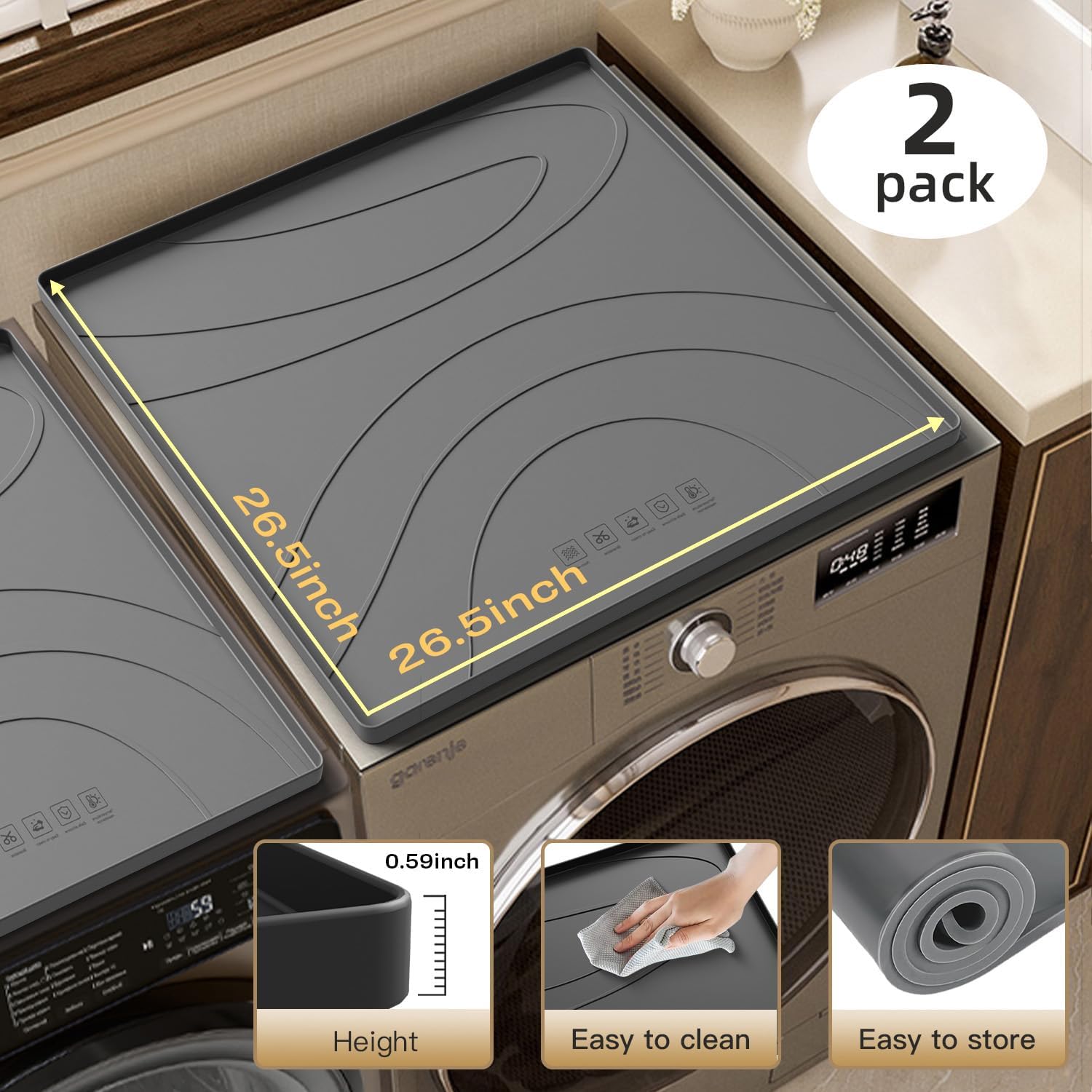 26.5''x 26.5'' Washer & Dryer Covers - 2PCS Non-slip Silicone Top Protector Mat - Waterproof Laundry & Kitchen Countertop