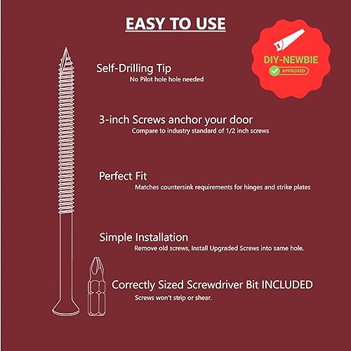 Miniatura 8 de Kit de tornillos de seguridad de puerta mejorado para placas de impacto, placas de cerrojo y bisagras. Tornillos de 3 pulgadas y una broca, hace que