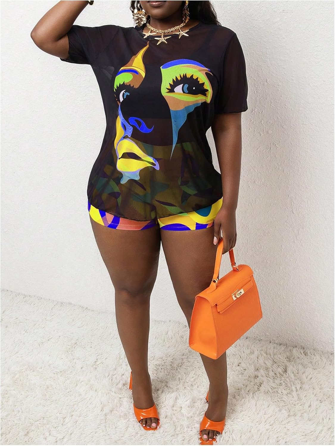 BEAUDRM Women's 3 Piece Plus Size Swimsuit Tankini Shorts Set High Waisted Bathing Suit Graphic Beachwear with Mesh Cover Up