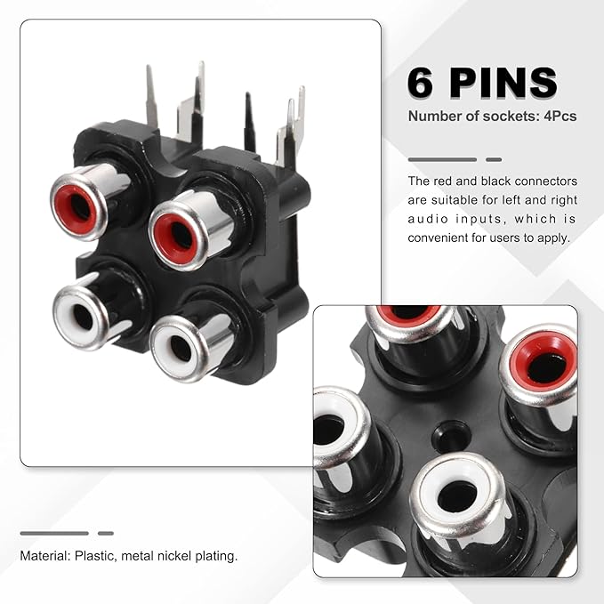 4 Conectores RCA Hembra Panel PCB Montaje 6 Pines Negro miniatura 3