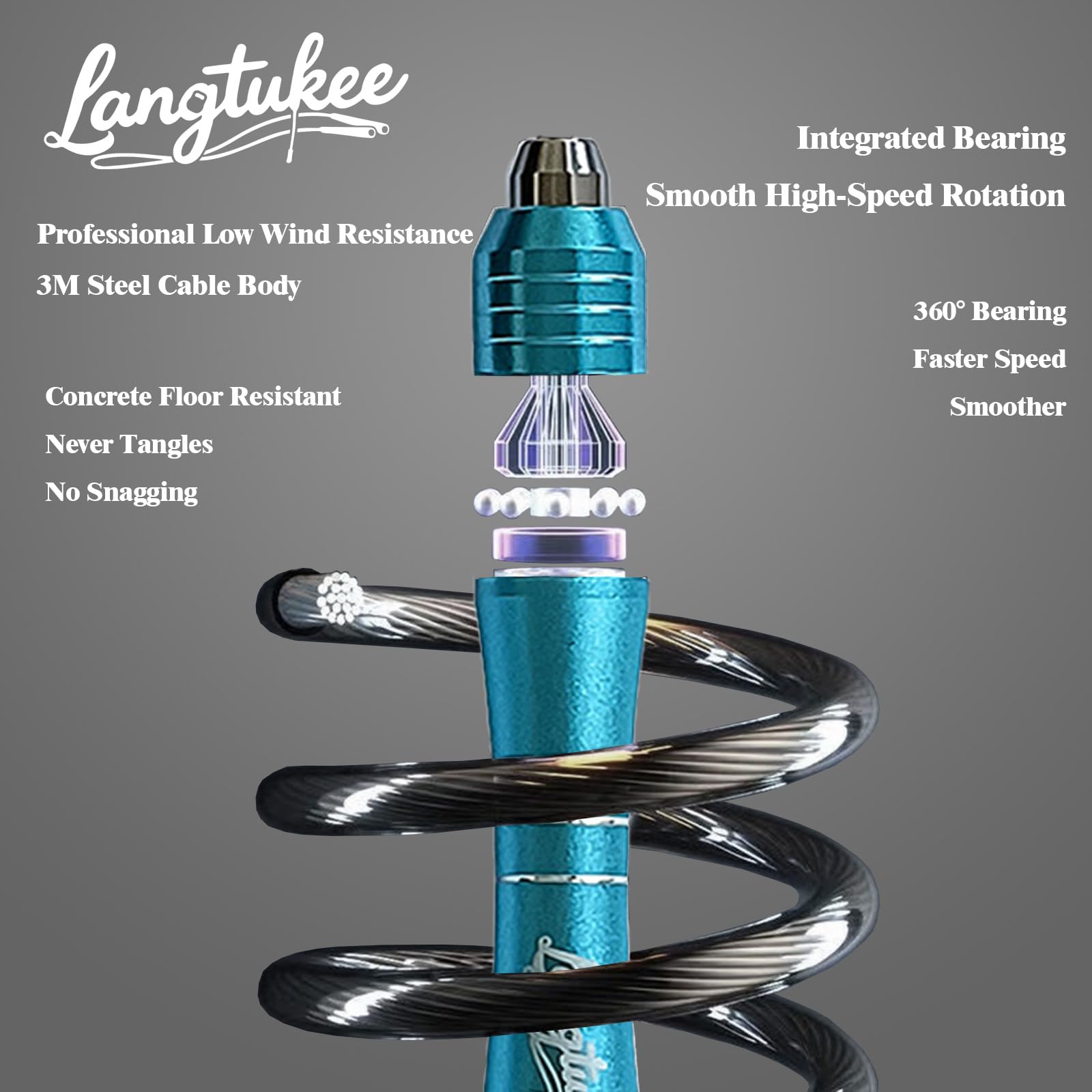 LANGETUKEE Speed-Springseil – verstellbares Fitnessseil mit 360°-Hochgeschwindigkeits-Kugellagern und 2,8 m langem 4 mm Stahlkabel, verlängerte Griffe aus Aluminiumlegierung für bequemen Griff – ideal