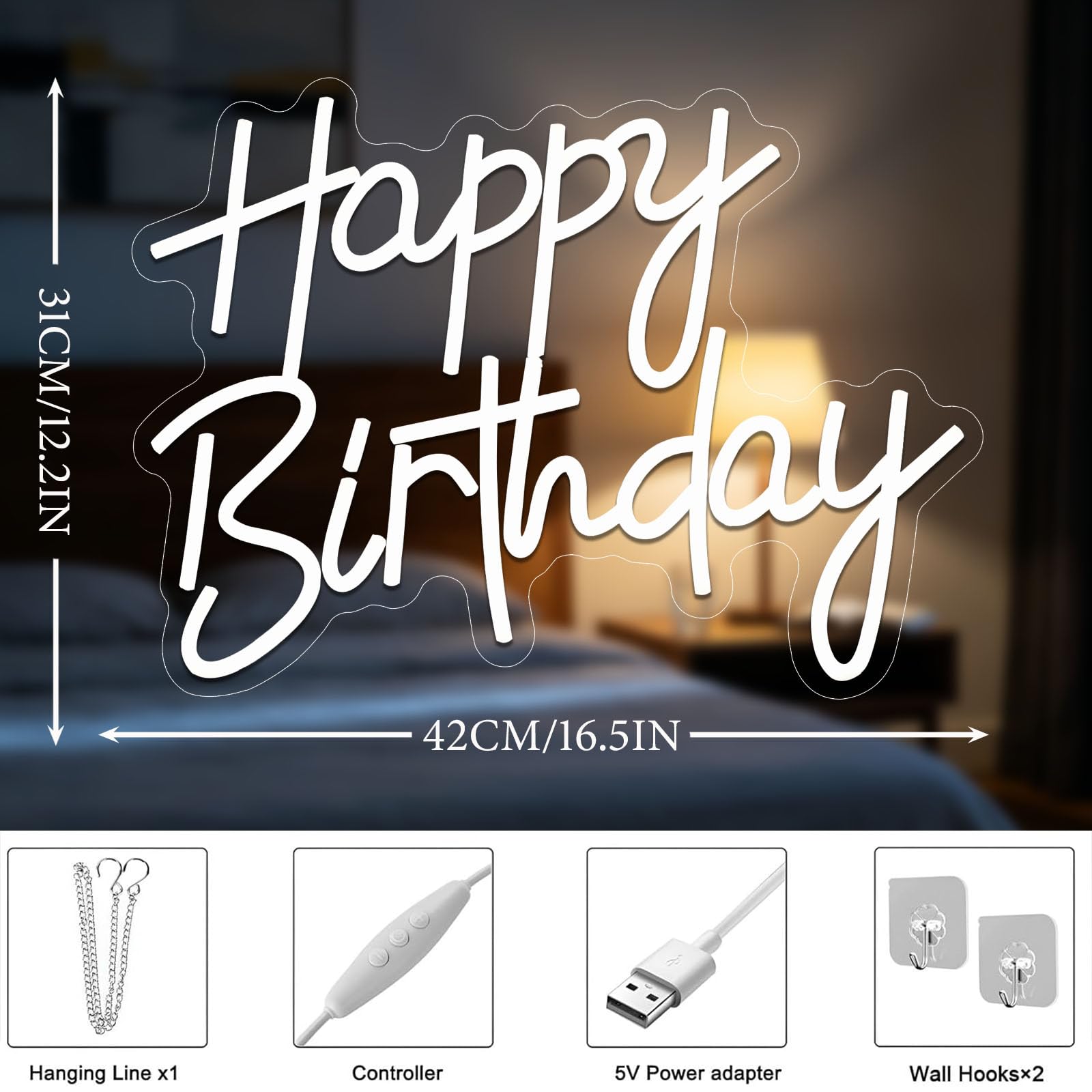 Happy Birthday Neon,Buon compleanno Lettere al Neon Bianco Decorazioni per la Festa di Compleanno Luce al Neon a LED "Buon Compleanno"alimentata tramite USB con interruttore dimmerabile