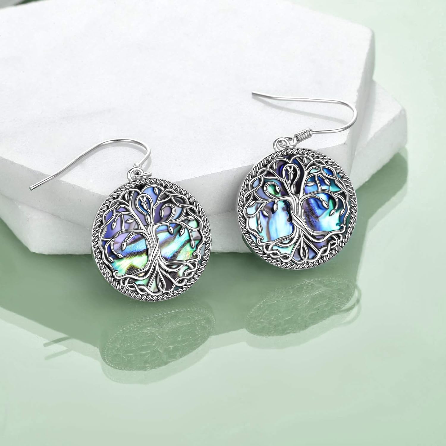 POPLYKE Celtic Tree of Life Earrings for Women Sterling Silver Family Tree Abalone Shell/Volcano Crystal Dangle Earrings Jewelry - Image 5