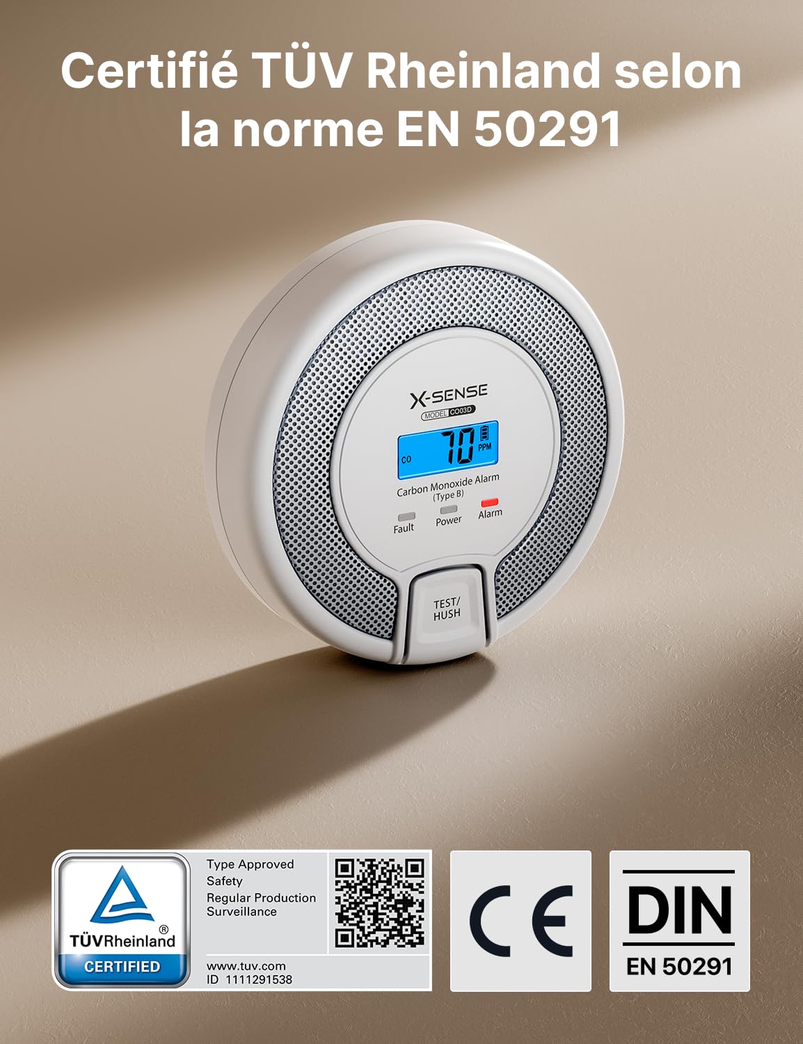 X-Sense Détecteur de Monoxyde de Carbone Autonome avec Affichage Numérique, Capteur Précis avec Une Durée de Vie de 10 Ans, Batterie Remplaçable, Conforme à la Norme EN50291, CO03D