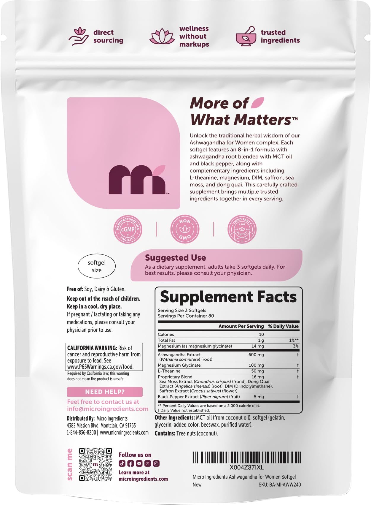 Micro Ingredients Ashwagandha for Women 600 mg Per Serving, 240 Softgels | 8-in-1 Ashwagandha Supplement with Magnesium Glycinate, L-Theanine, Sea Moss | Made with MCT Oil | Non-GMO, Gluten Free — Amazon image 6