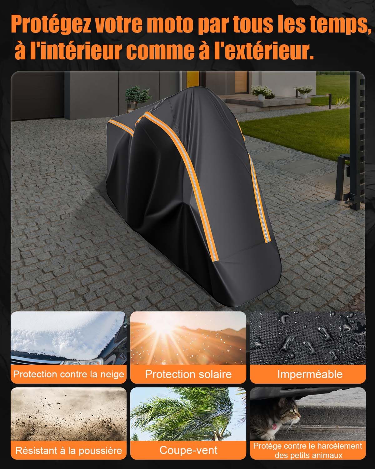 Bache Moto Exterieur Etanche Entièrement Fermée, Housse Moto Imperméable et Résistante aux Poussière Pluie Neige UV Vent pour Scooter Mobylette Moto Street Scrambler 275x115x150cm