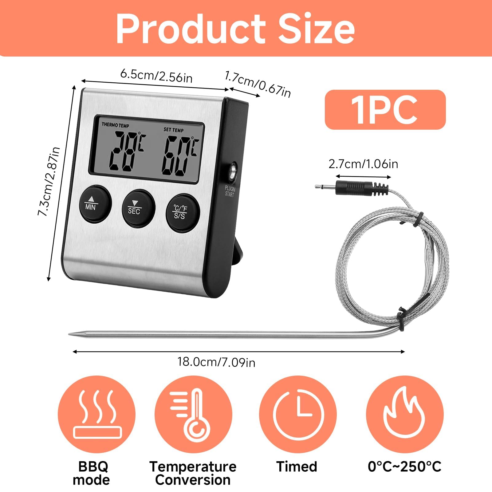 Termometro Cocina Digital Lectura Instantáneo, Meat Thermometer con 2 Sondas 100cm LCD Retroiluminada Alarma Sonora para Carne Horno Parrilla Freidora Aire Vino Cerveza Líquidos Aceite Barbacoa
