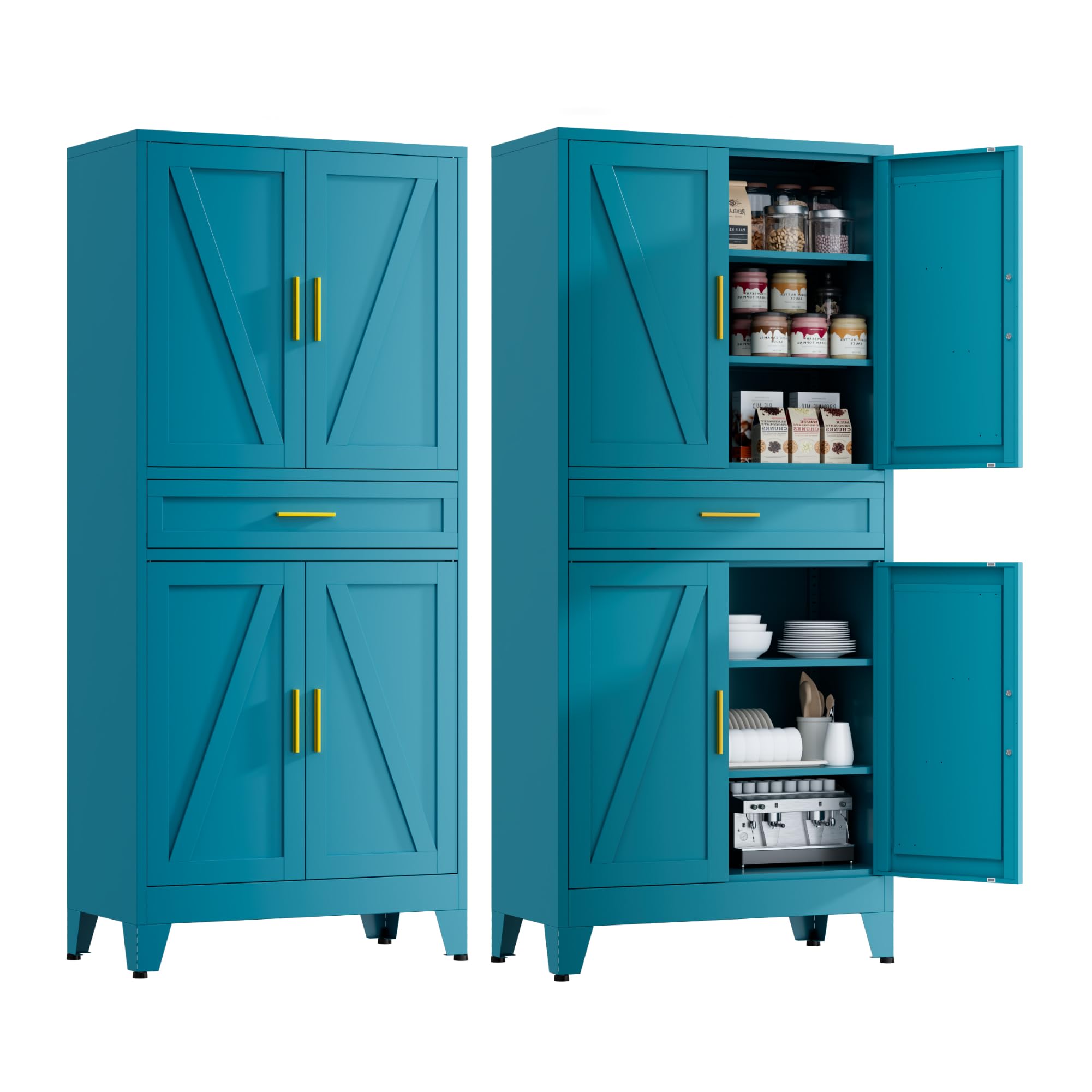 71" Tall Farmhouse Pantry Cabinet,Metal Cabinet with Adjustable Shelves and Doors,Storage Cabinet for Kitchen Garage,Blue 1 Pack
