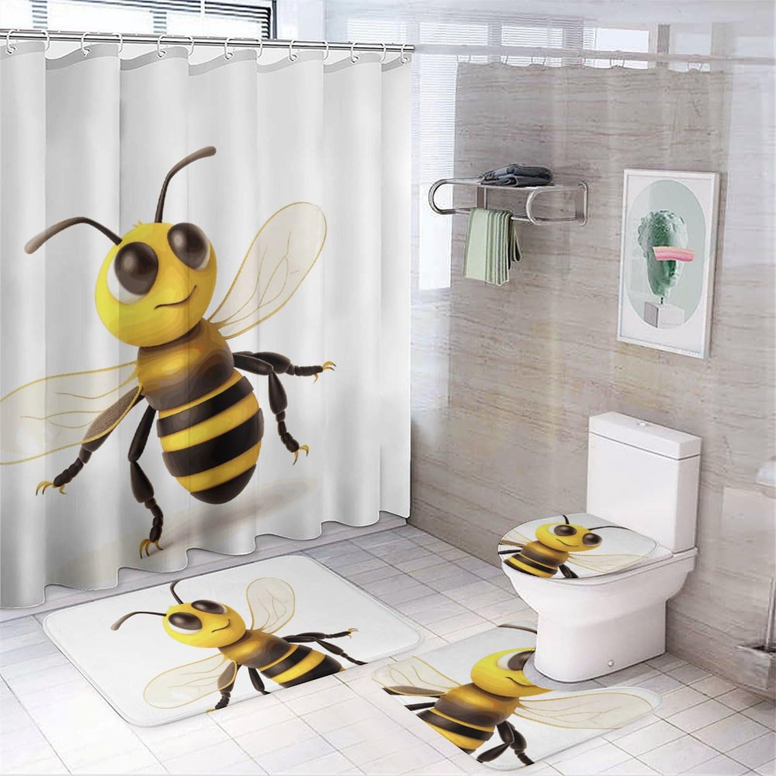 Ensemble de rideau de douche honey bee 4 pièces en polaire corail durable