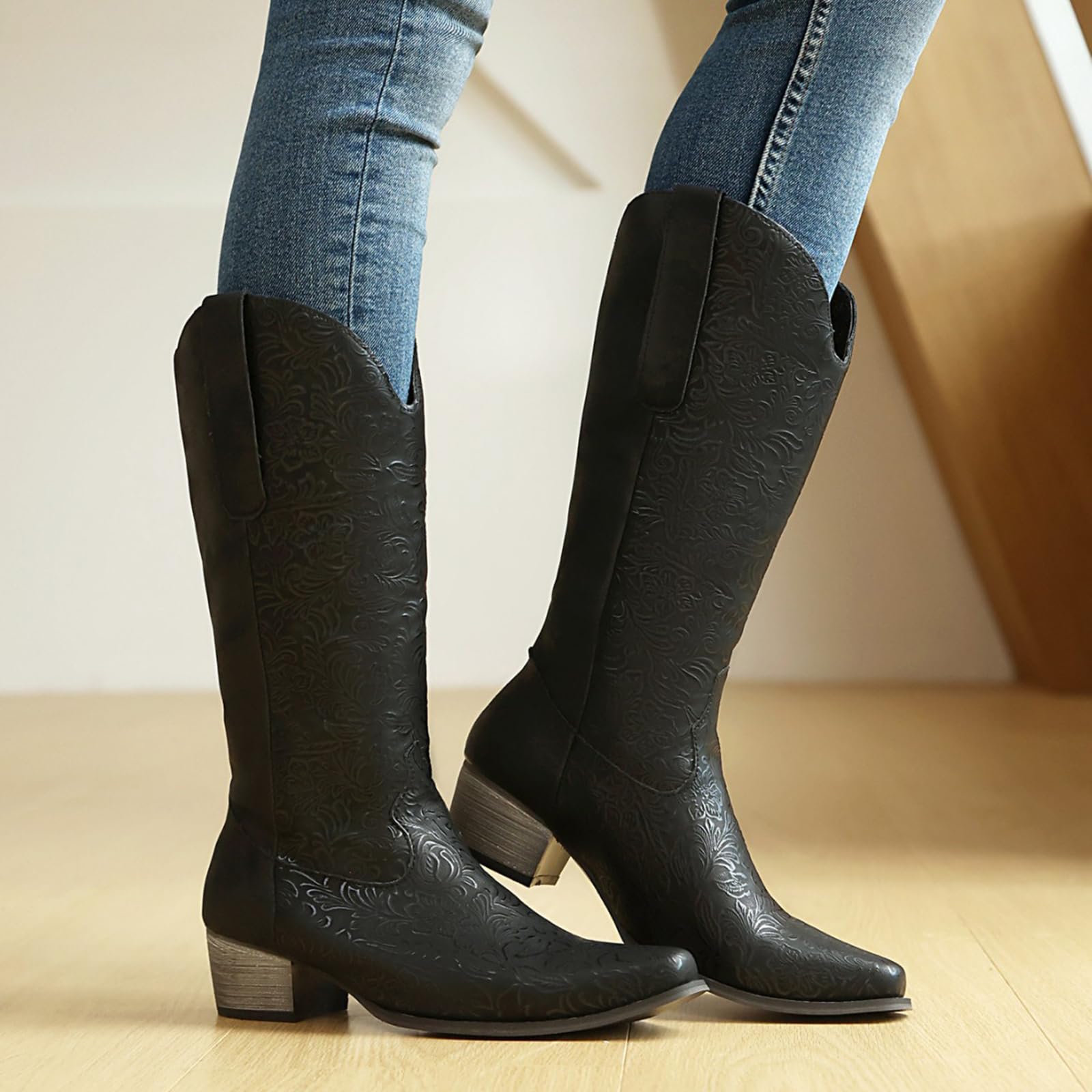 4.5CM Dicke Ferse High-Top Ritter Stiefel für Frauen V-Ausschnitt All-Match High-Heeled Western Cowboy Stiefel