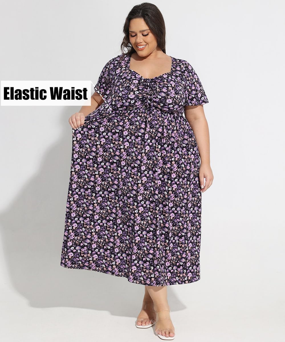 CARCOS Plus Size Dresses for Curvy Women Tie Sweetheart Neck Summer Maxi Dress Short Sleeve Empire Waist Floral Boho Dress