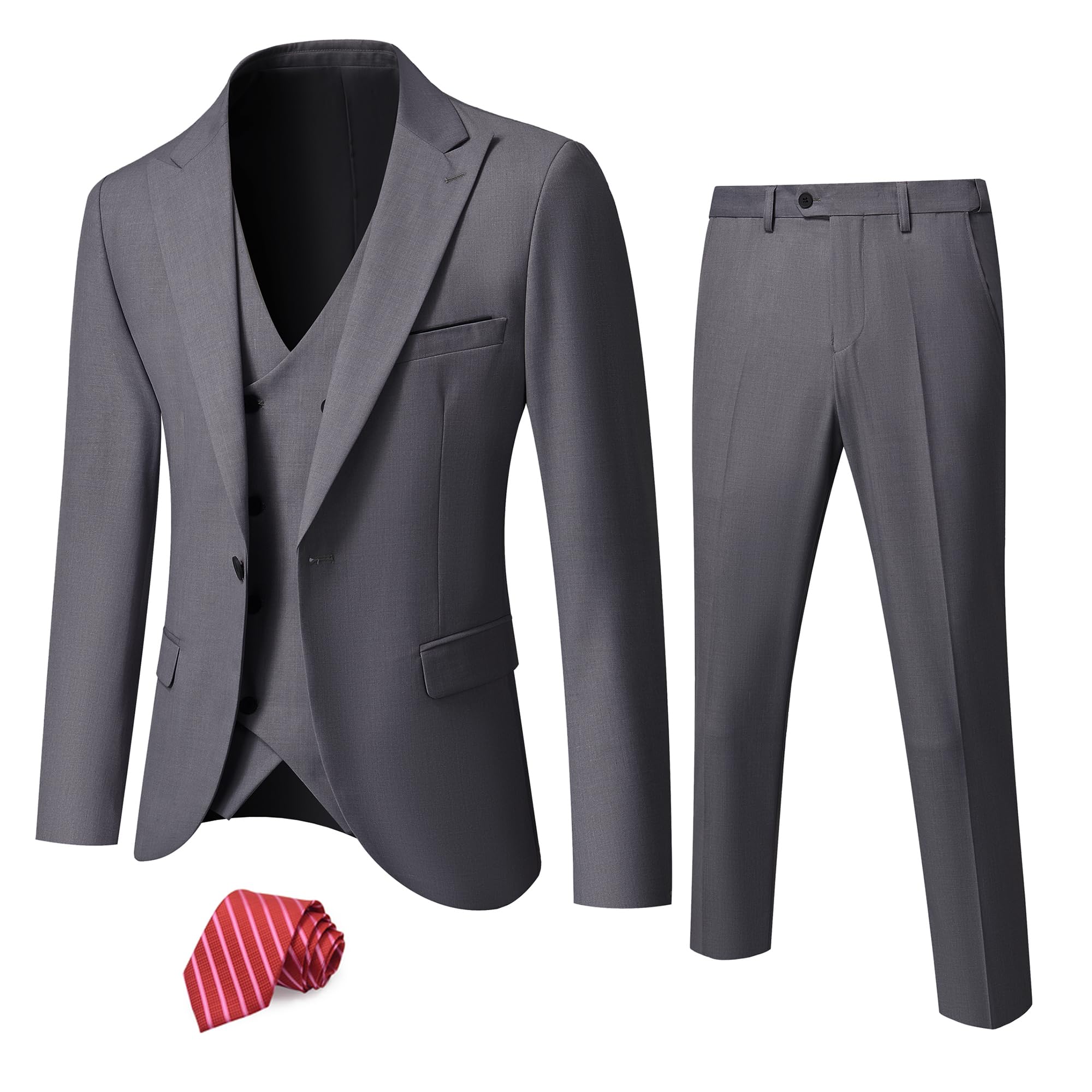 YNDMen's 3 Piece Slim Fit Suit Set, One Button Peak Lapel Solid Business Blazer Jacket, Double Breasted Vest Pants and Tie