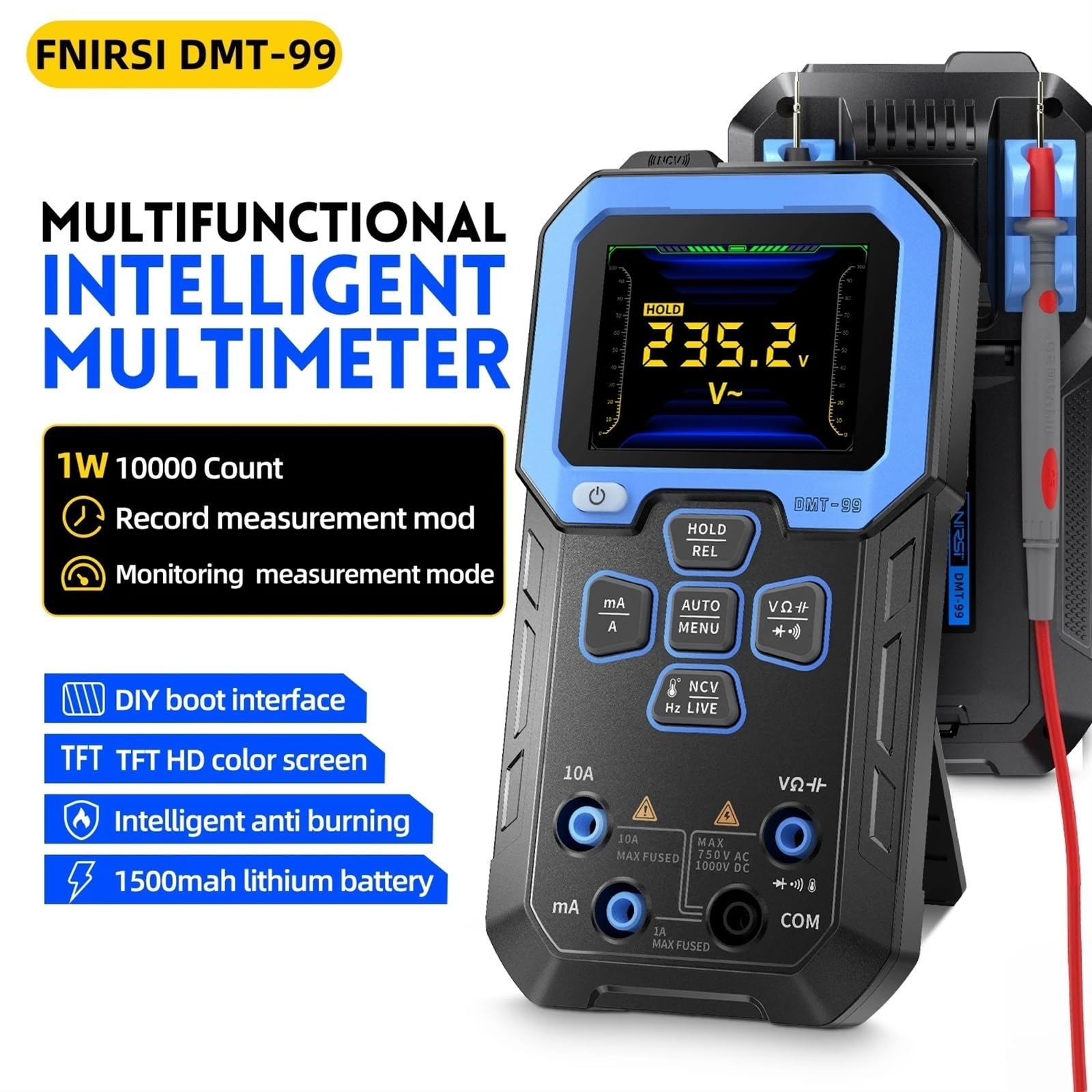 Multimetro Digitale, DMT-99 Multimetro Digitale True RMS 10000 conteggi Resistenza capacità Frequenza Temperatura Corrente Tensione NCV Tester Misura Resistenza/continuità/frequenza/capacità