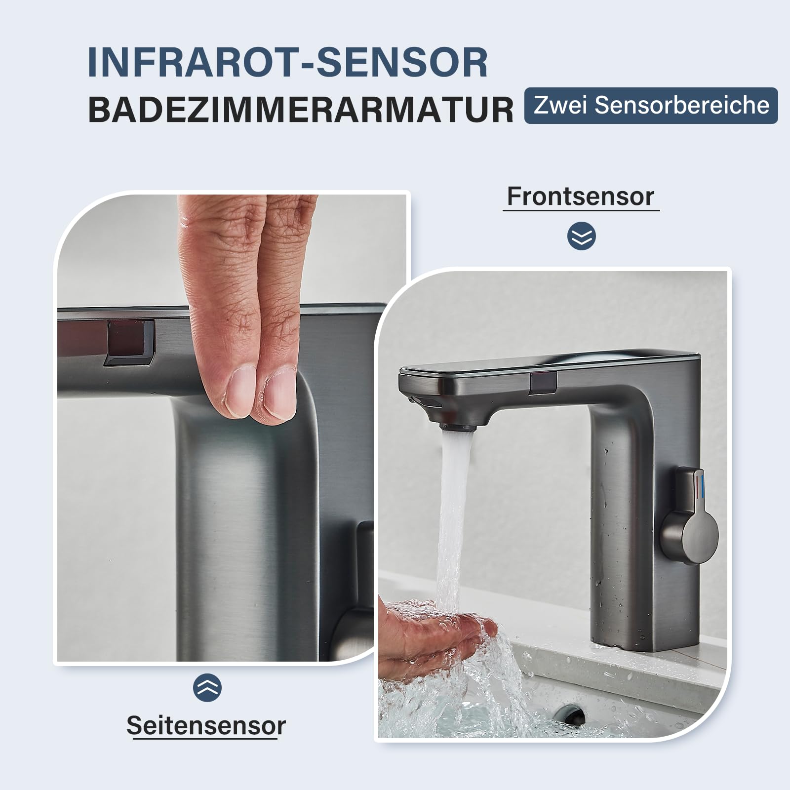 Grifo con sensor infrarrojo baño gris, sensor automático mezclador baño pantalla pantalla caliente agua fría grifo mezclador grifo lavabo