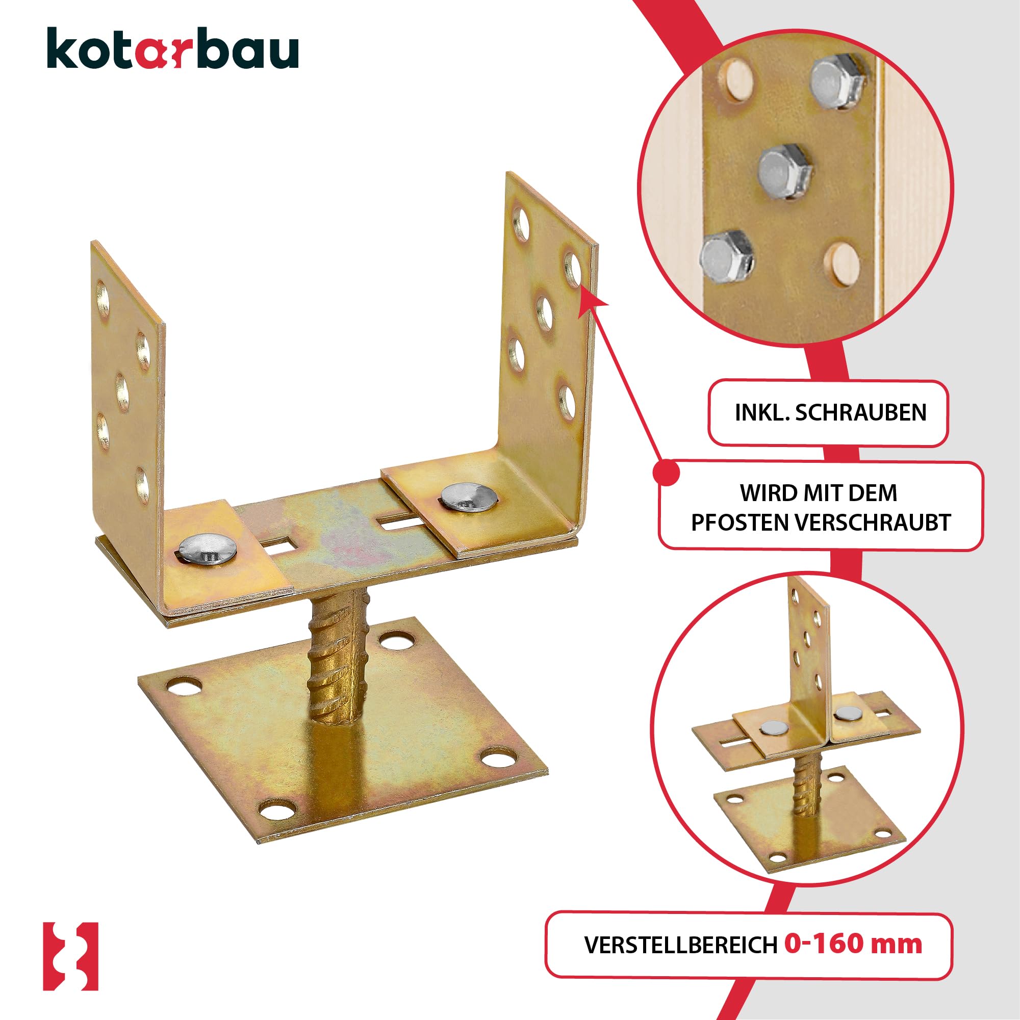 KOTARBAU® 4 szt. Supporti Regolabili Acciaio Zincato 0-160 mm Staffe per Pali Legno