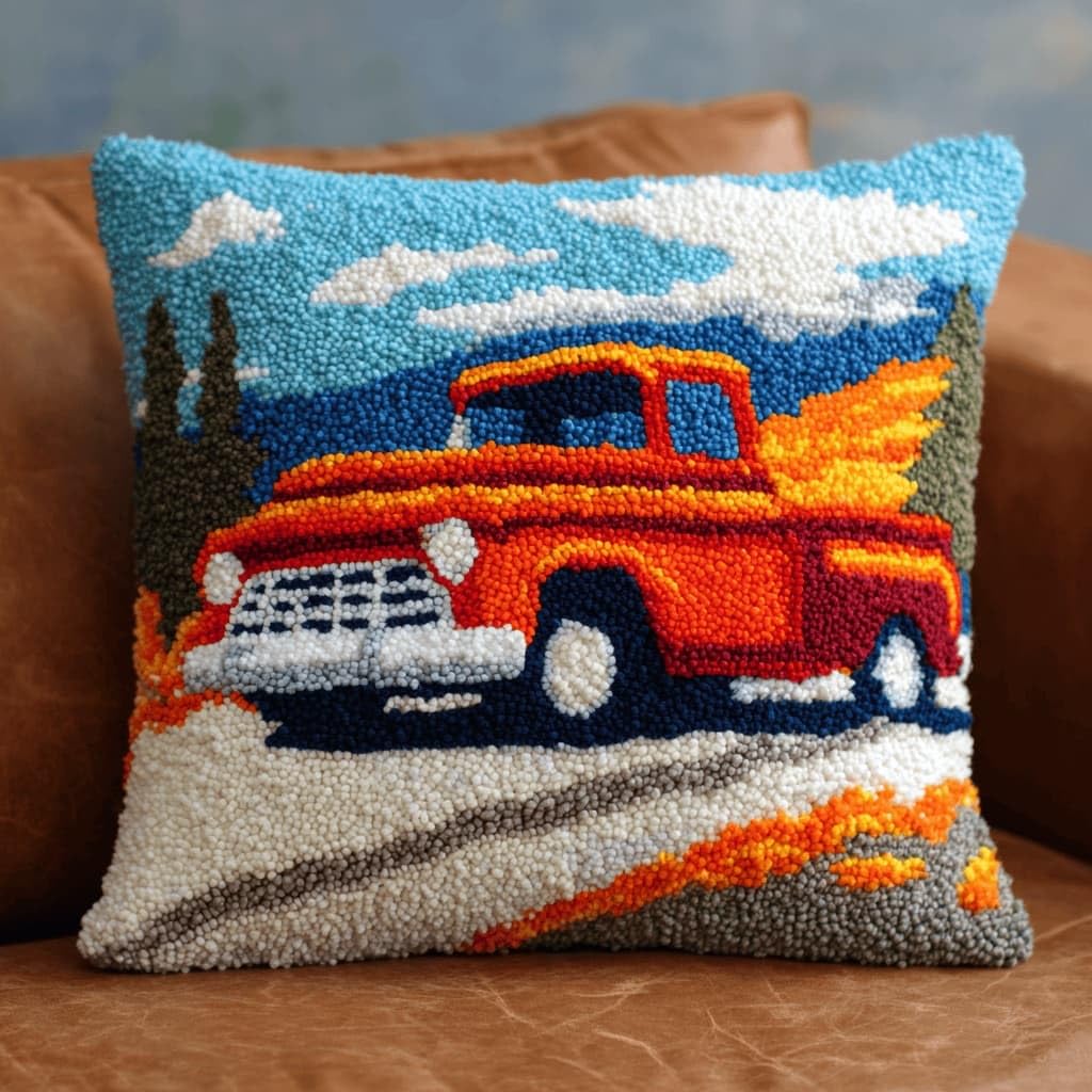 AxiangziK Latch Hook Pillow Kit for Adults,Truck 17X17In Latch Hook Kit for Pillow Cover with Instruction for Beginner Cross Stitch Sofa Cushion Cover with Crochet Yarn for Beginners and Home Decor