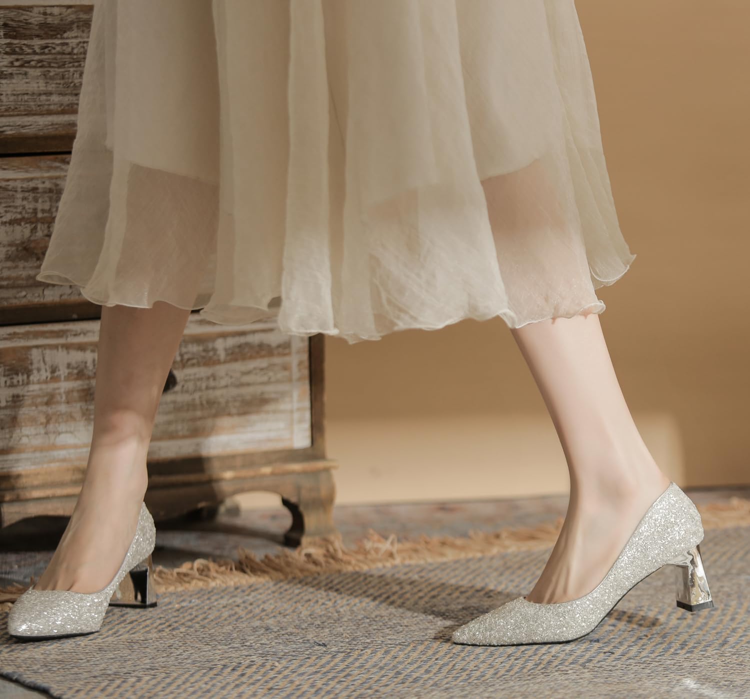 YooPrettyz Women Shimmery Mid Heels Wedding Pointed Toe Sequined Evening Bridal Dress Block Heels Shoes